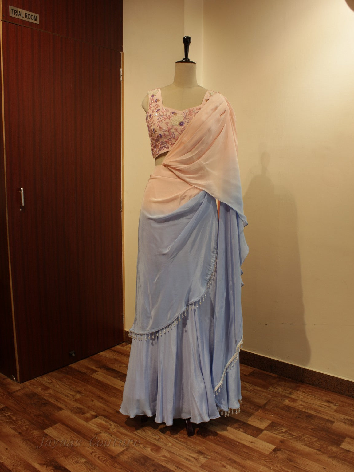 Peachish blue shaded saree