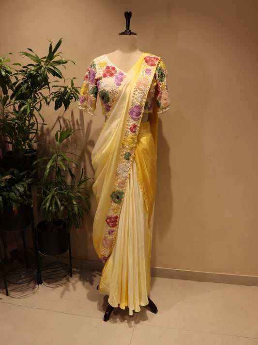 lemon yellow drape saree