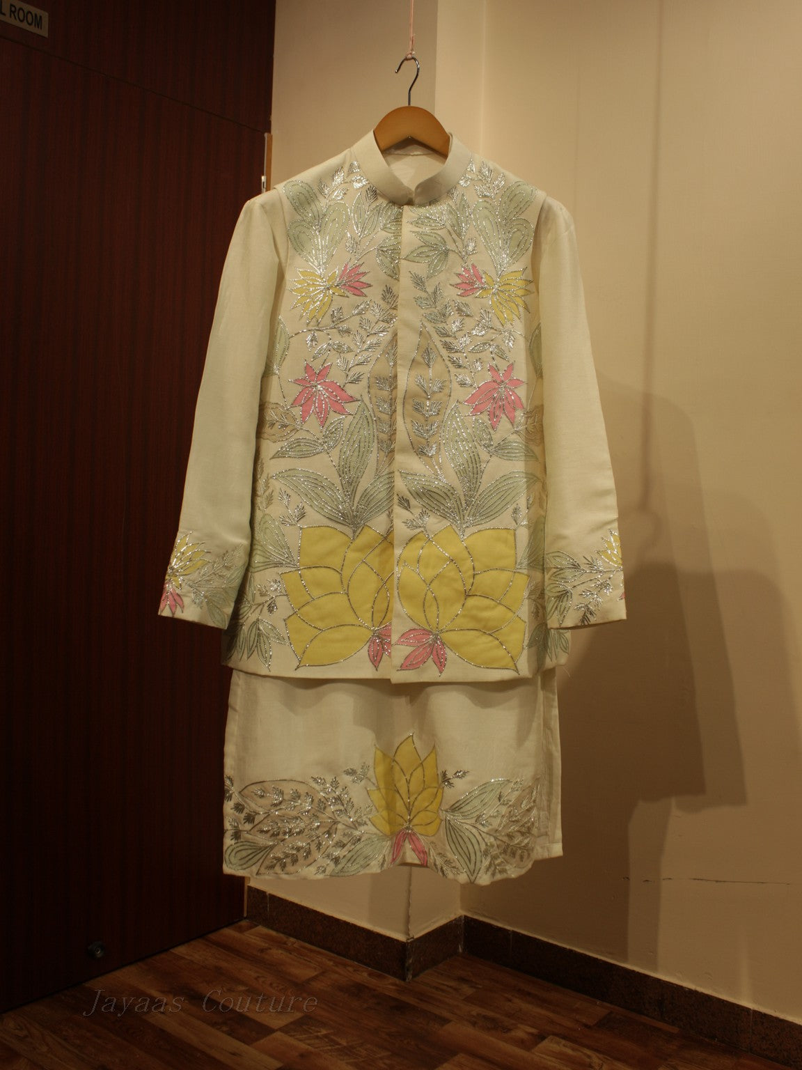 Off white applique mens kurta with neheru jacket & pants