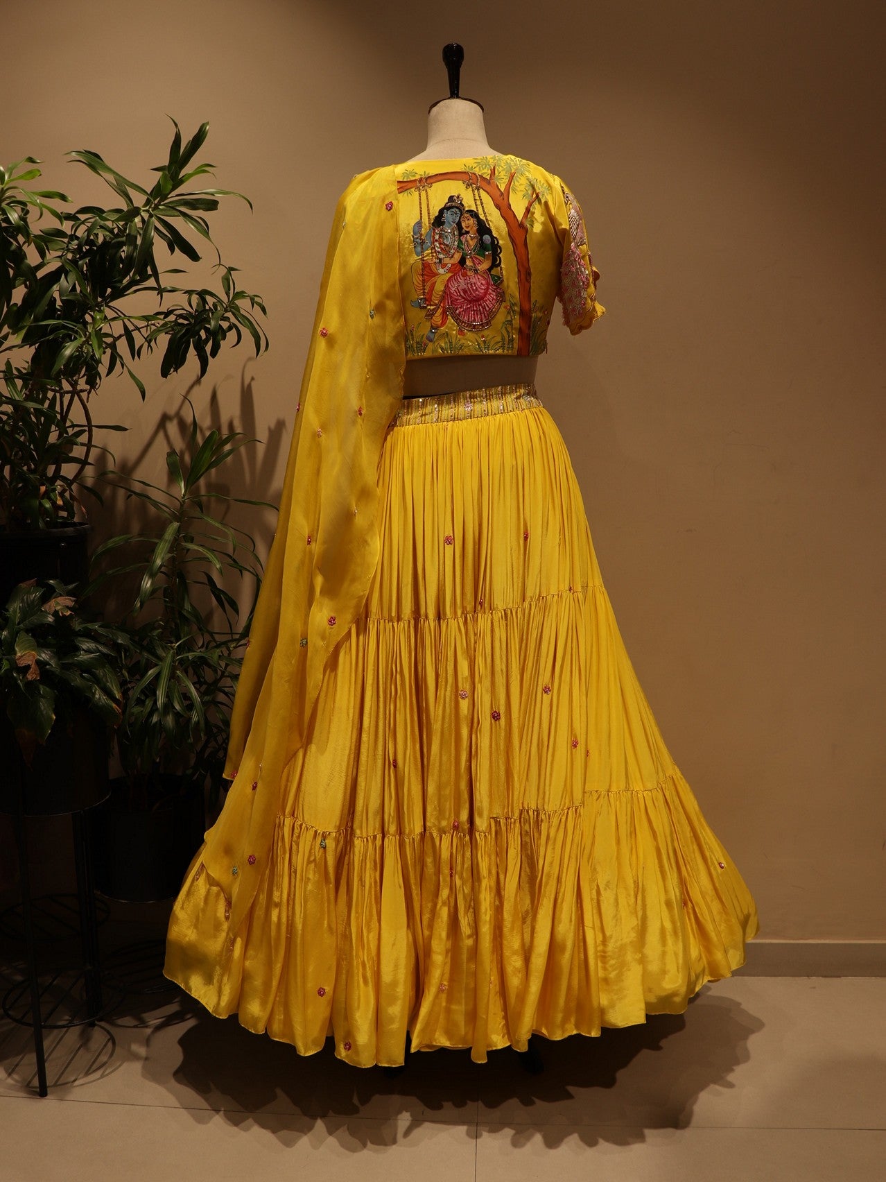 yellow radha krishna ji hand painted  lehenga