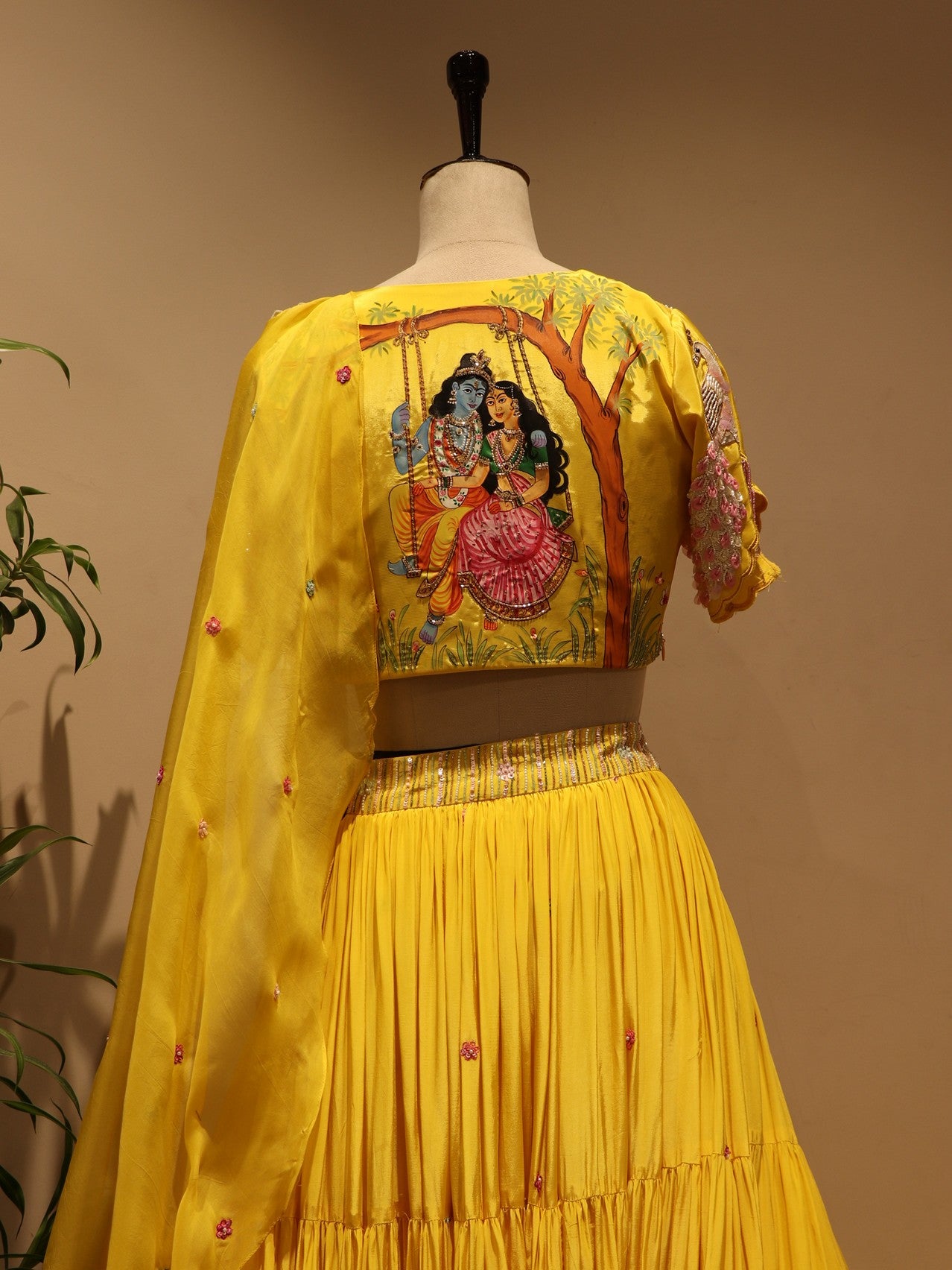 yellow radha krishna ji hand painted  lehenga