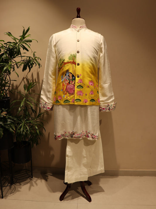 yellow radha krishna ji mens handpainted jacket kurta pants