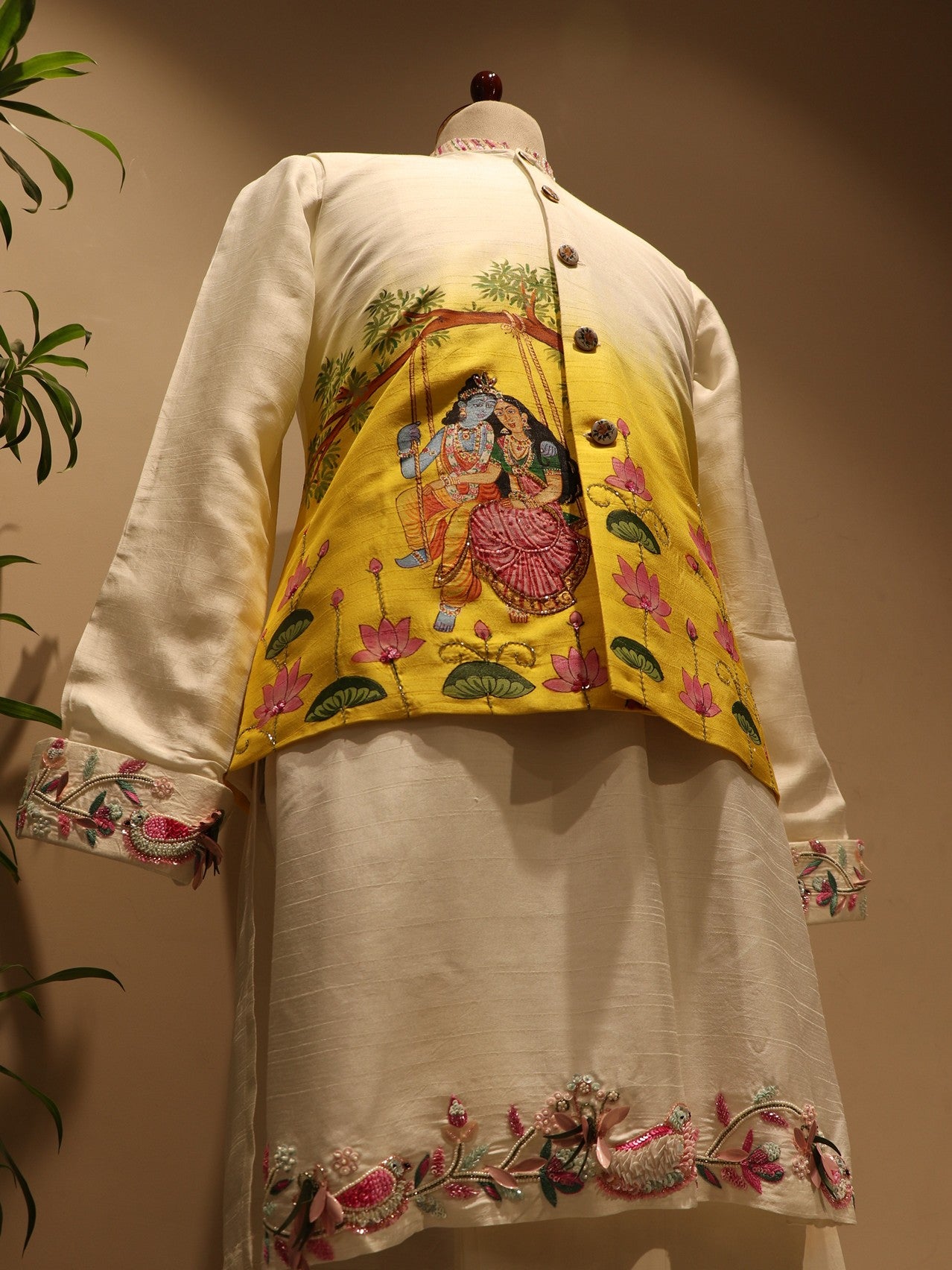yellow radha krishna ji mens handpainted jacket kurta pants