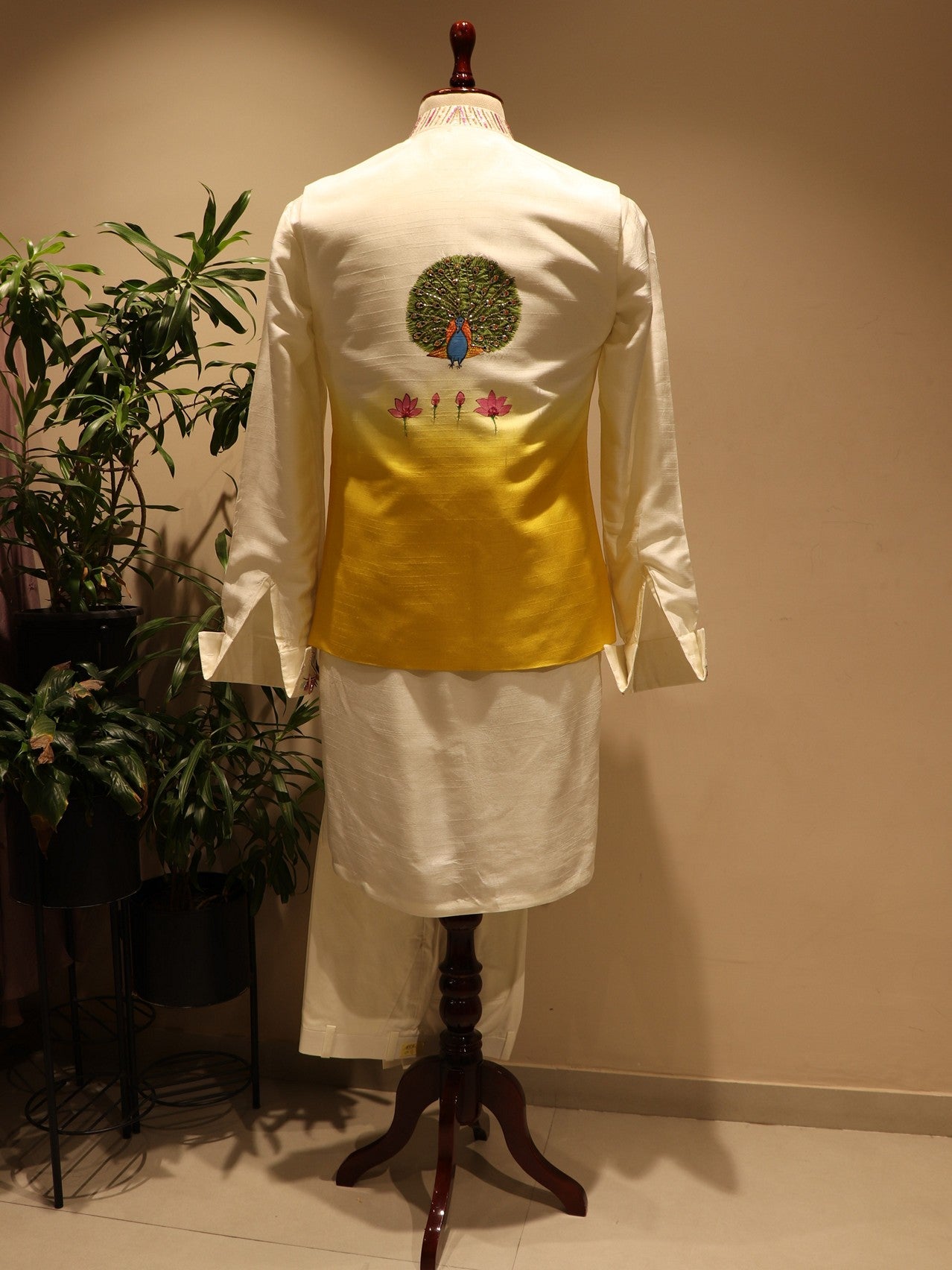 yellow radha krishna ji mens handpainted jacket kurta pants