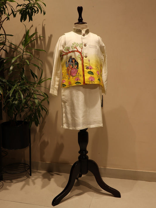 yellow radha krishna ji kids handpainted jacket kurta pants
