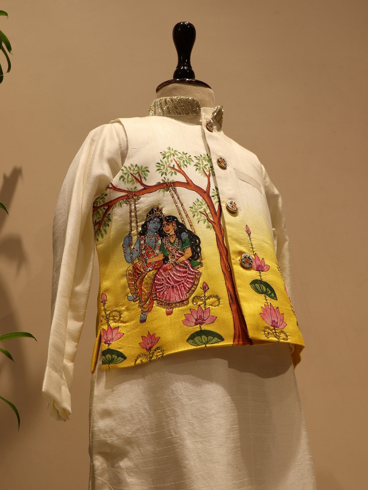 yellow radha krishna ji kids handpainted jacket kurta pants