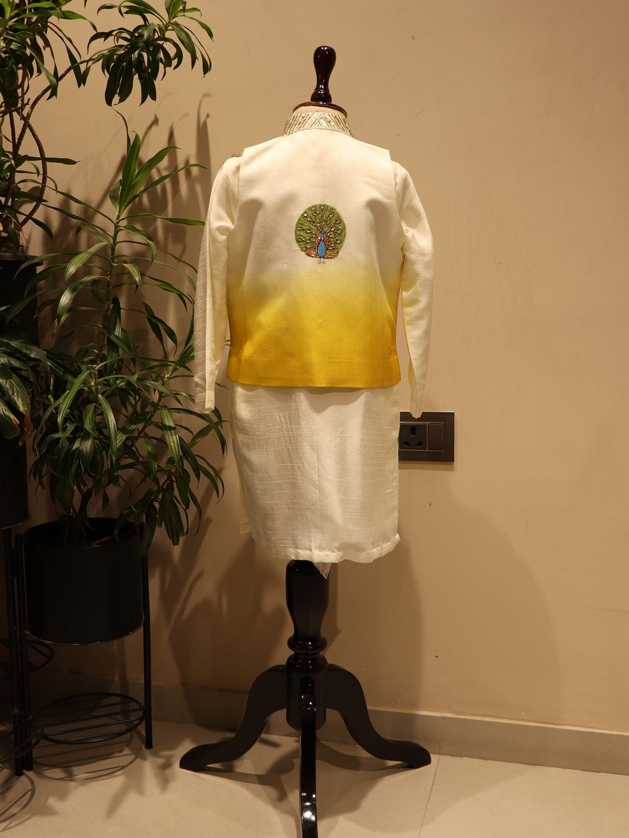 yellow radha krishna ji kids handpainted jacket kurta pants