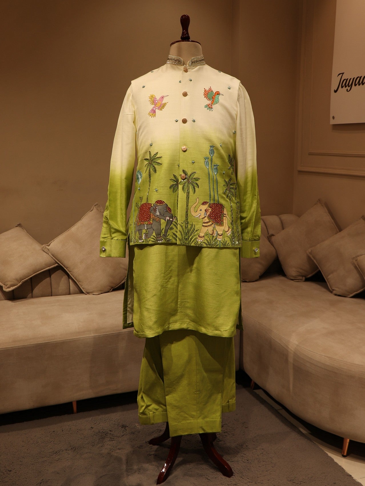 green shaded elephant handpainted mens jacket kurta pants