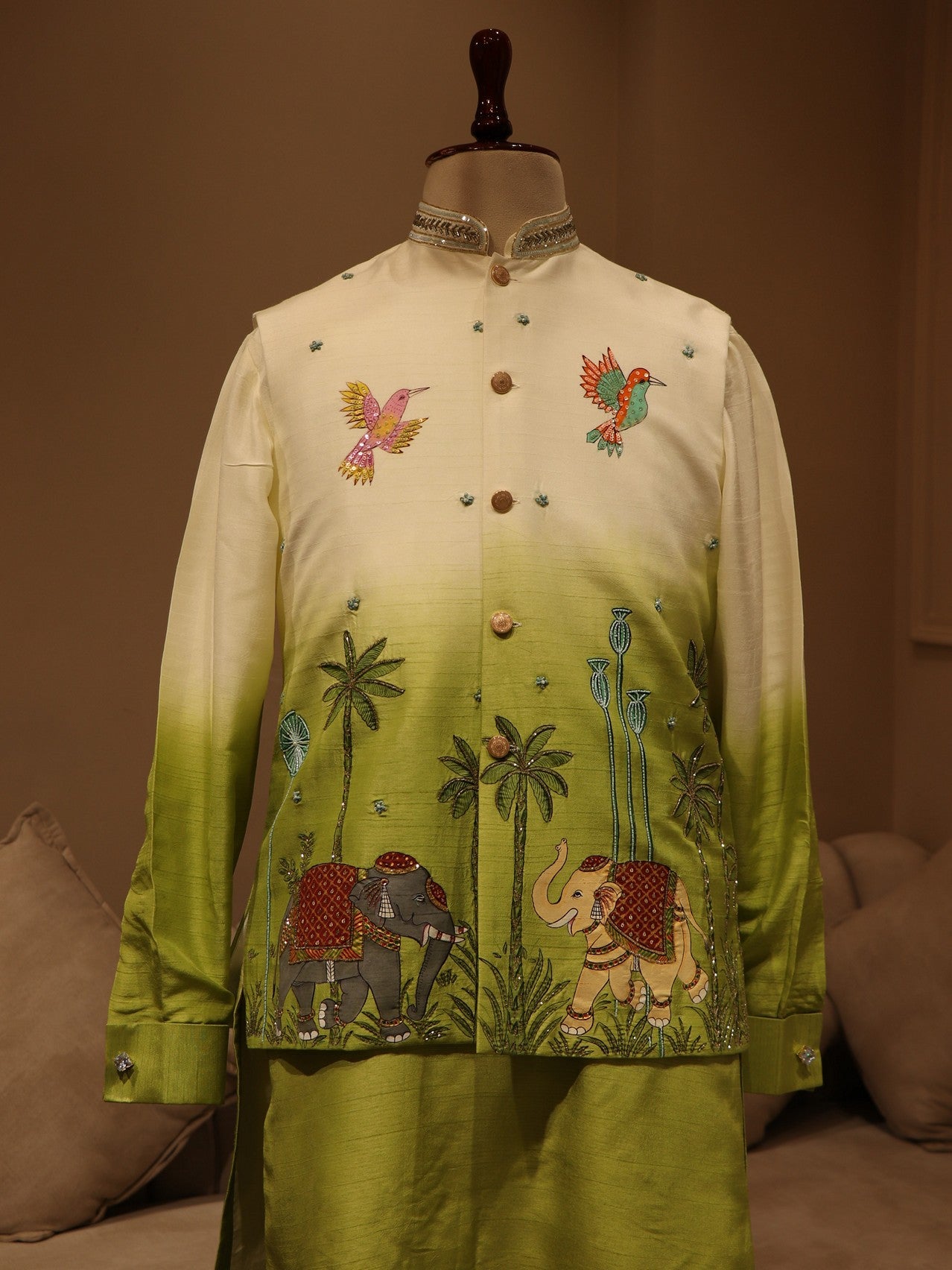 green shaded elephant handpainted mens jacket kurta pants
