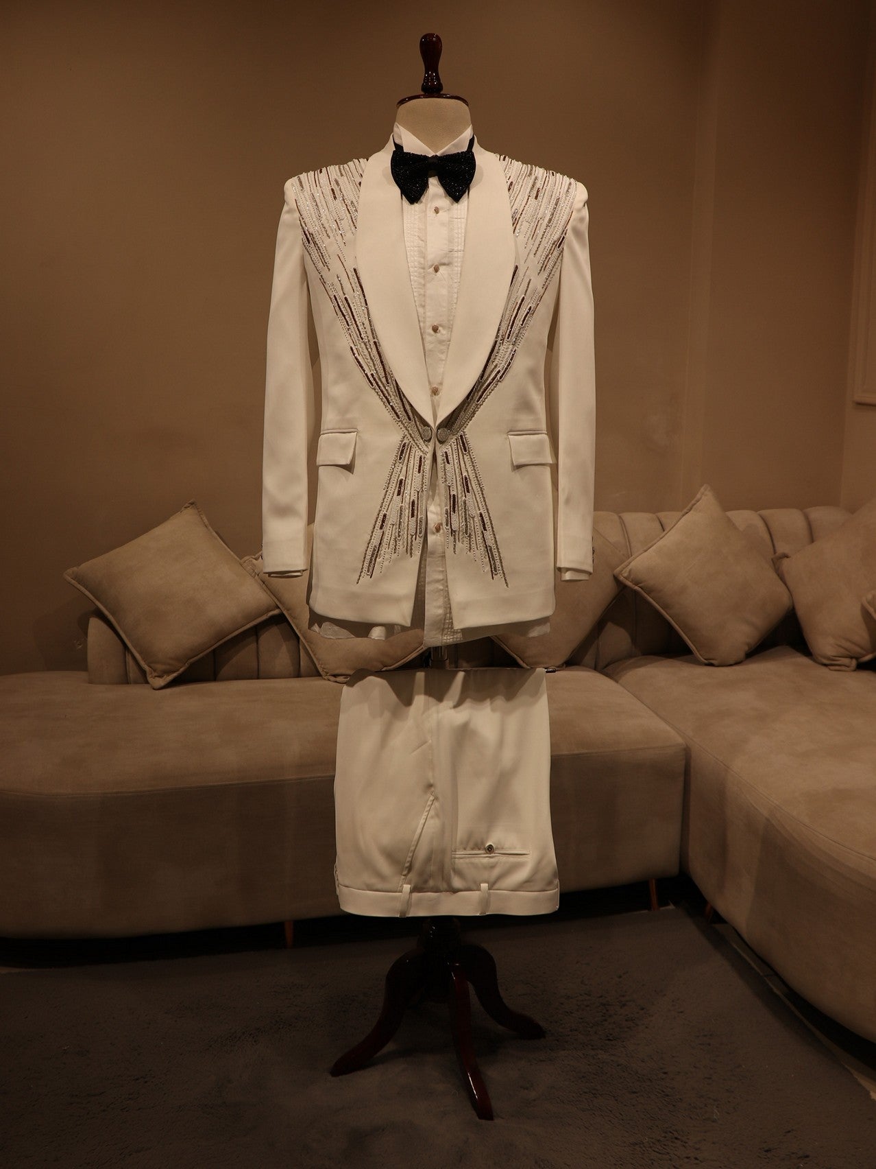 white embroidered tuxedo set