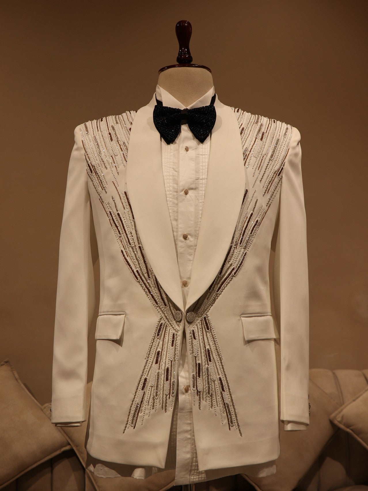 white embroidered tuxedo set