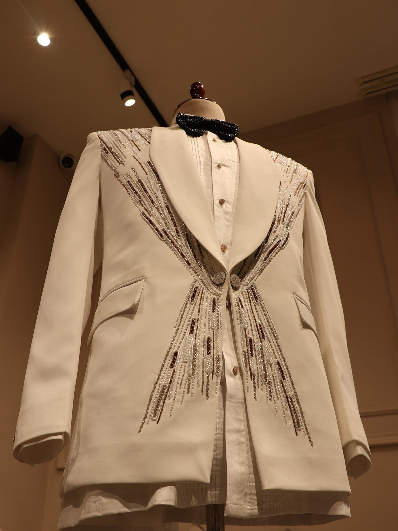 white embroidered tuxedo set