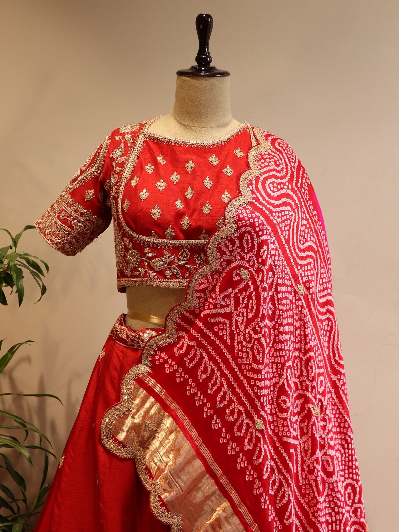 Red Bandhej marodi lehenga set