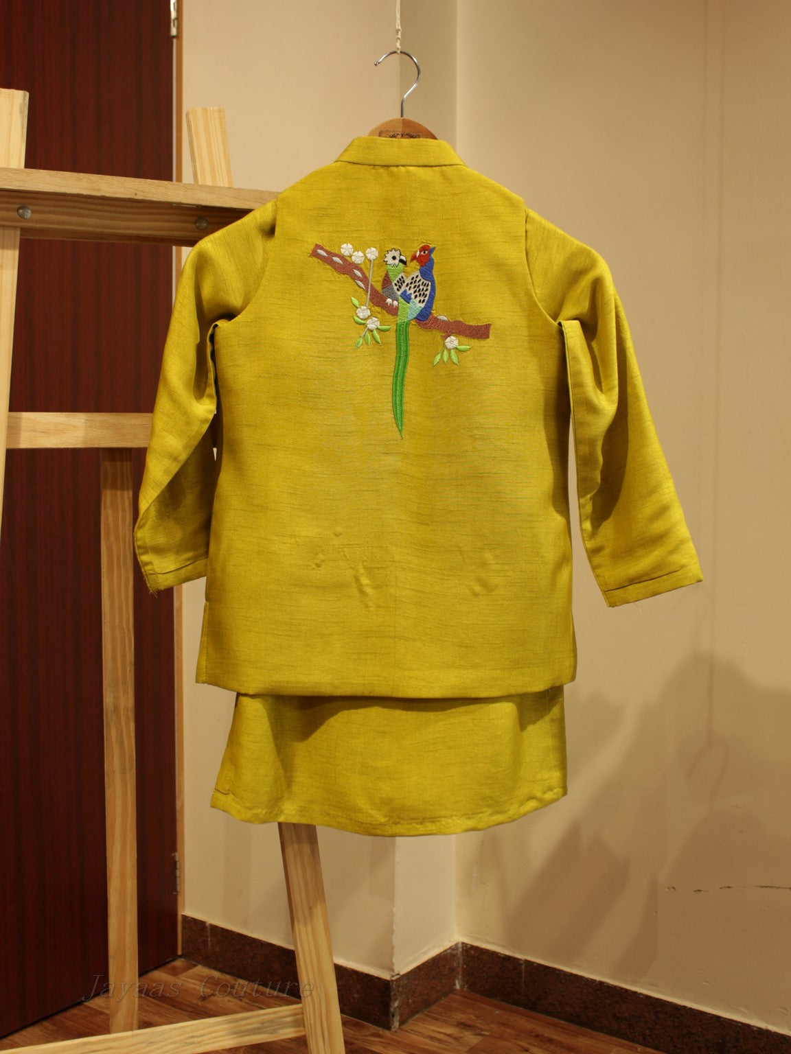 Yellowish green neheru jacket with kurta pants for kids