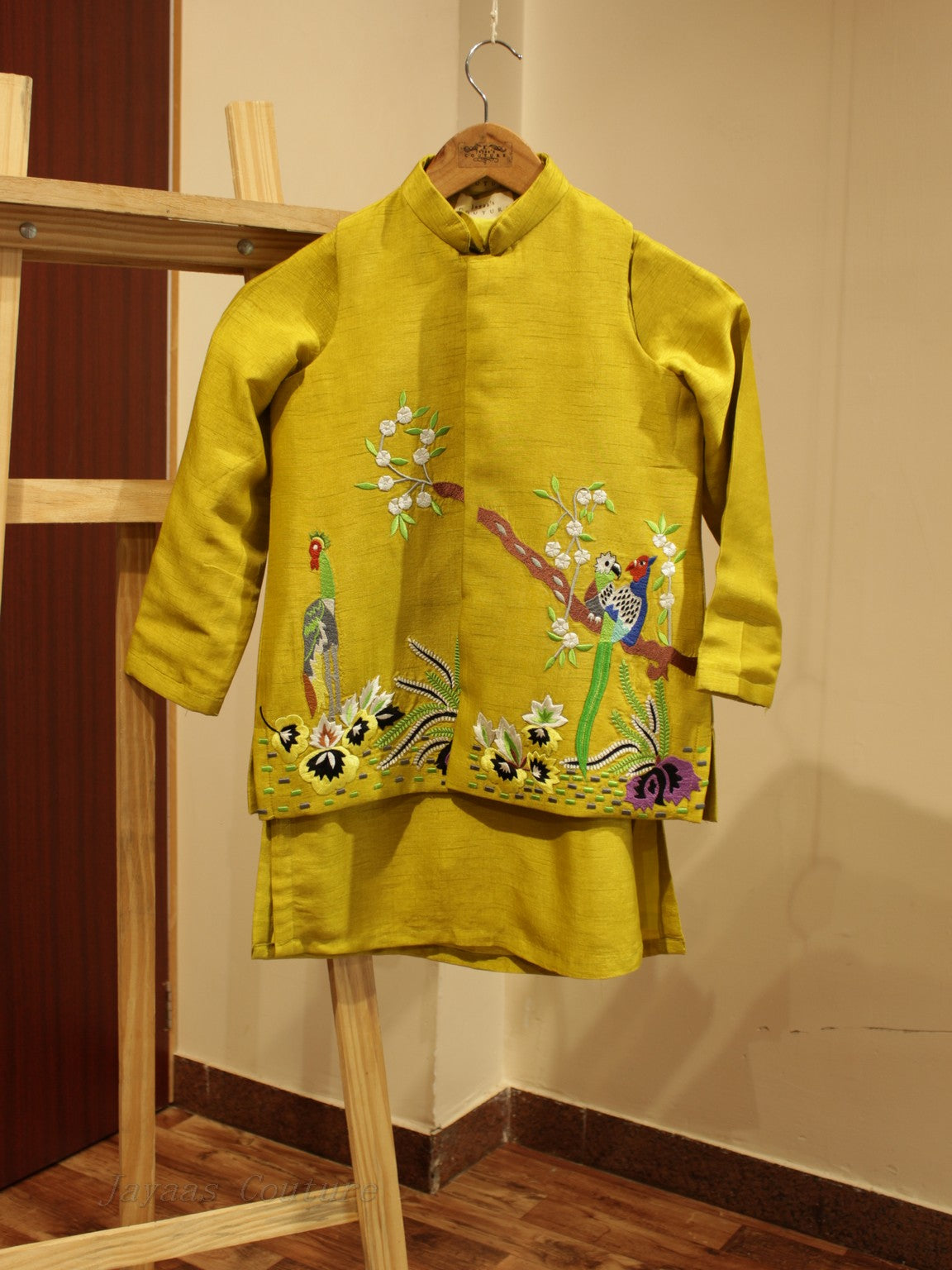 Yellowish green neheru jacket with kurta pants for kids