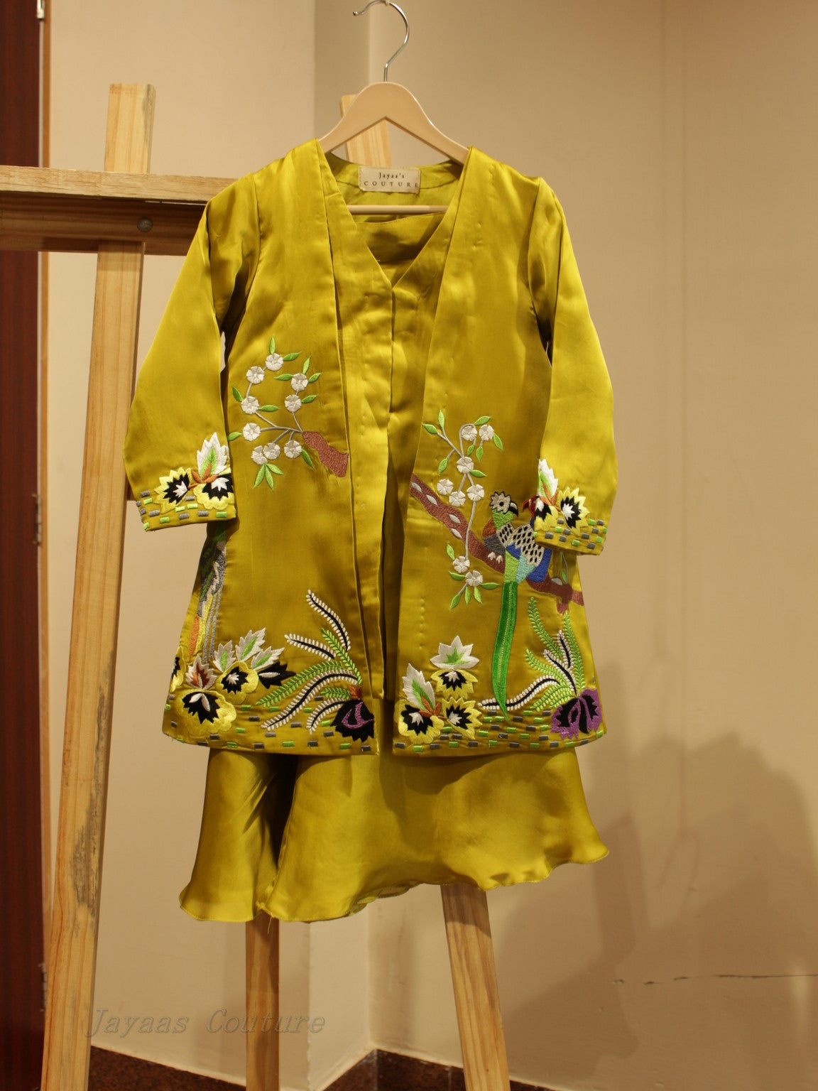 Yellowish green  crop top with plazo and shrug for kids