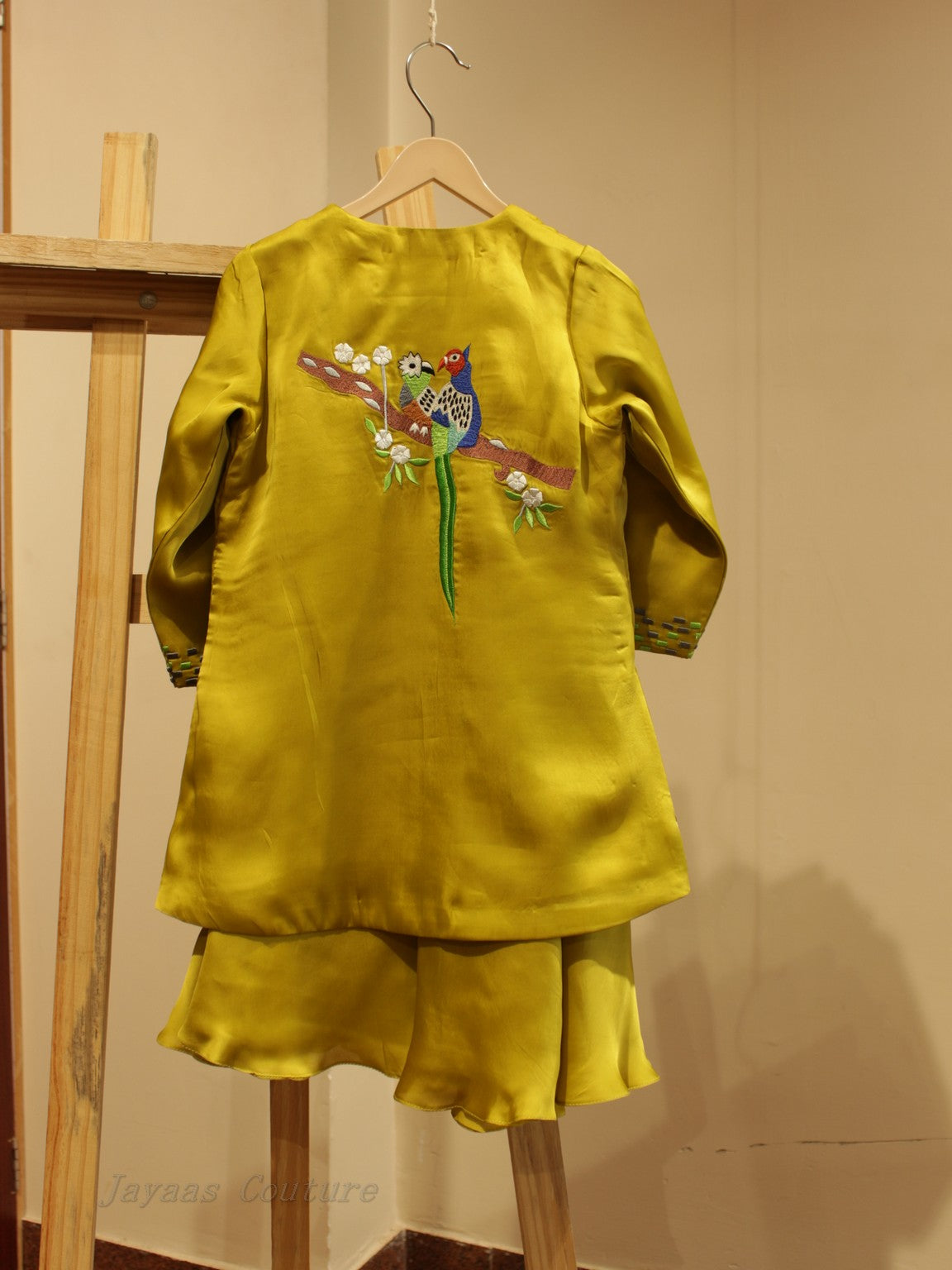 Yellowish green  crop top with plazo and shrug for kids