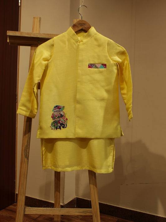 Yellow embroidered neheru jacket with kurta pants for kids