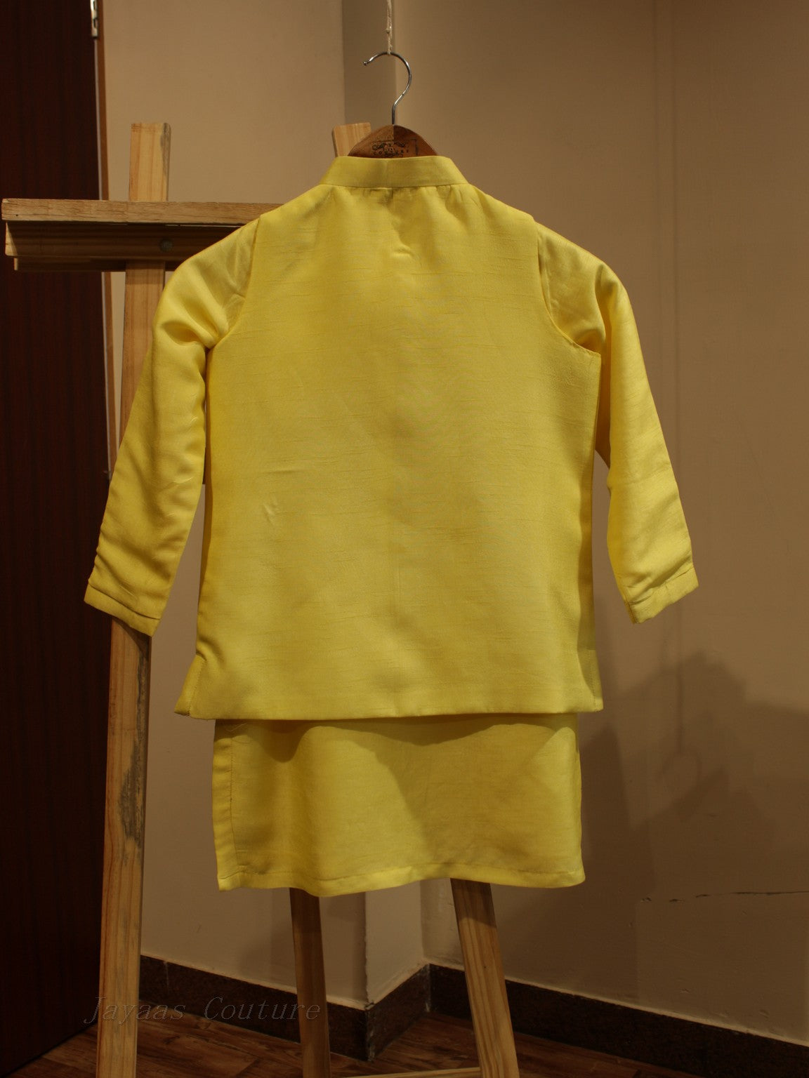 Yellow embroidered neheru jacket with kurta pants for kids