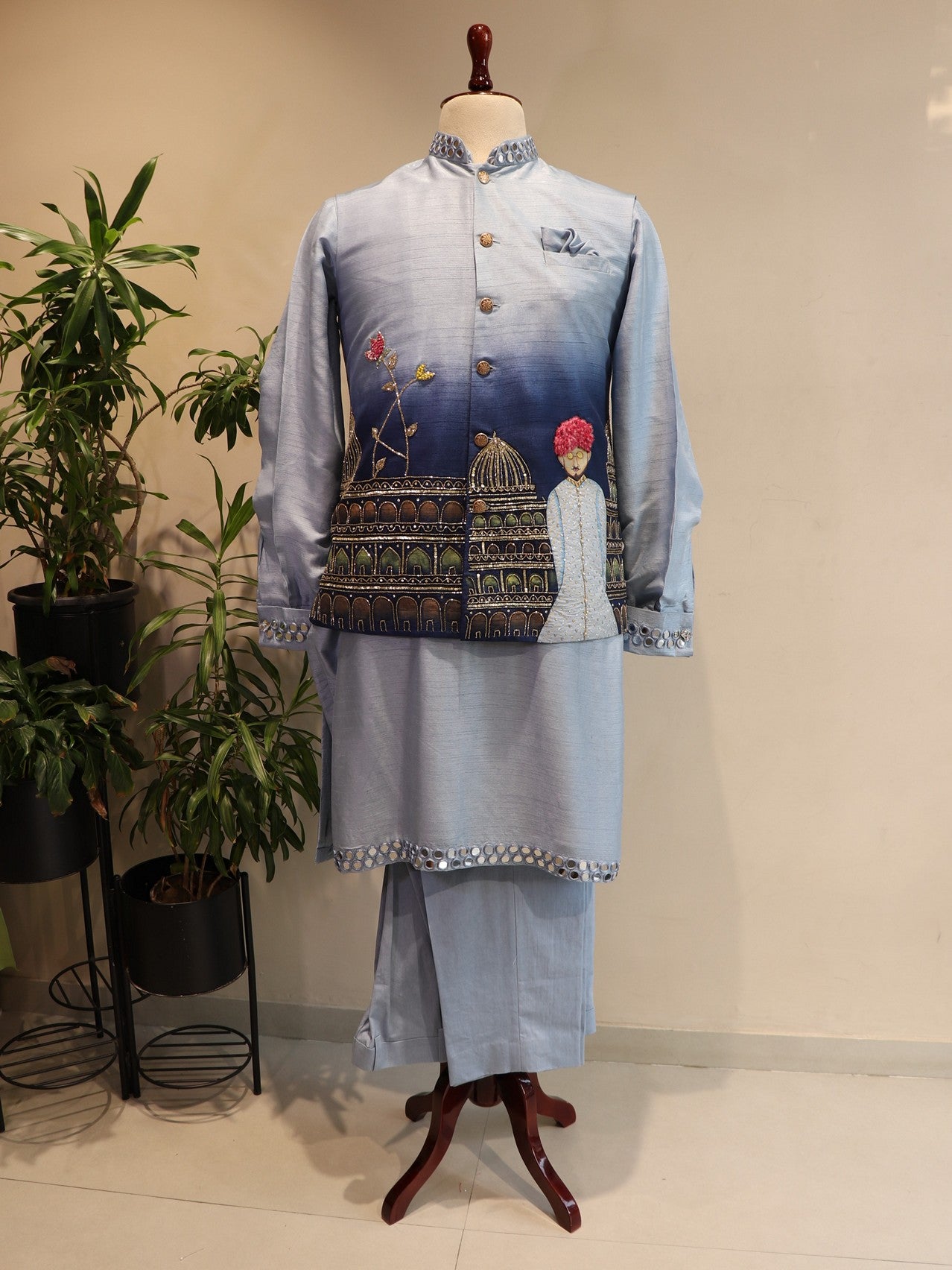 Powder blue mens indo western
