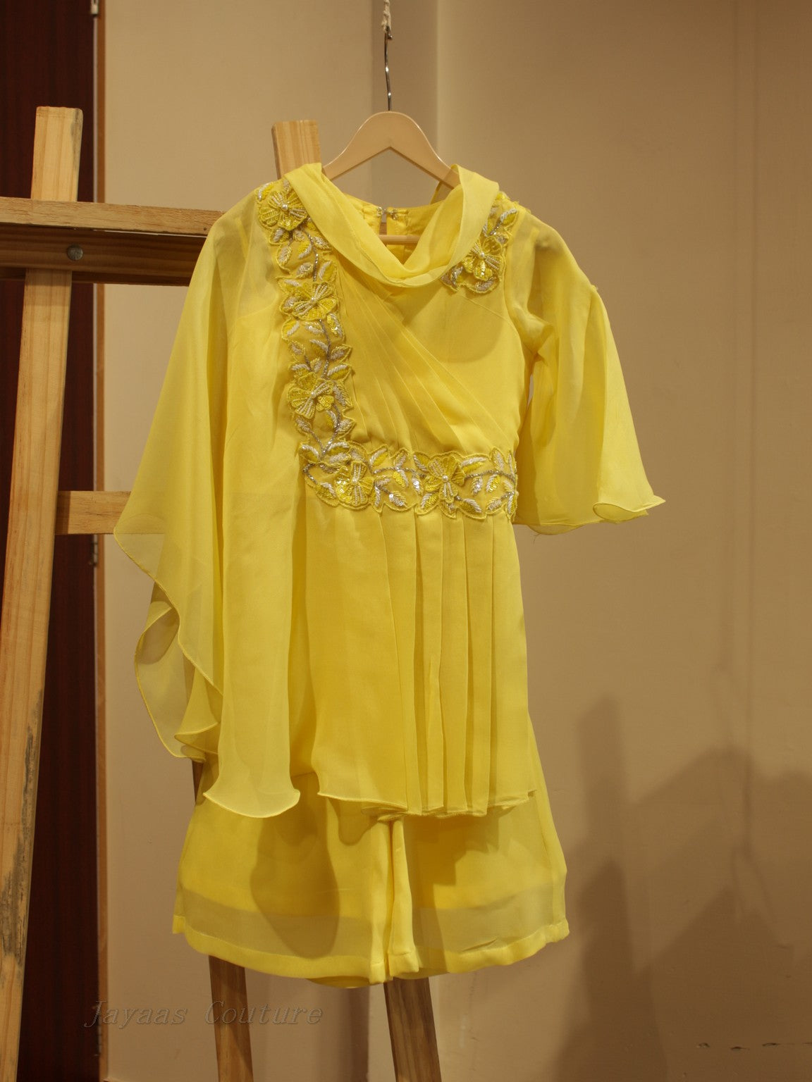 Yellow drape top with flaired pants for kids