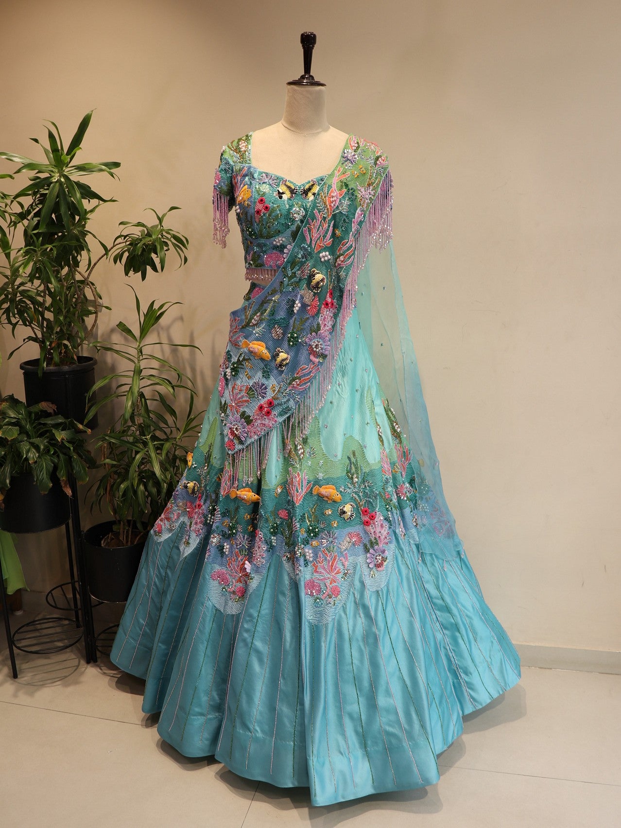 Sea green shaded aqua drape lehenga set