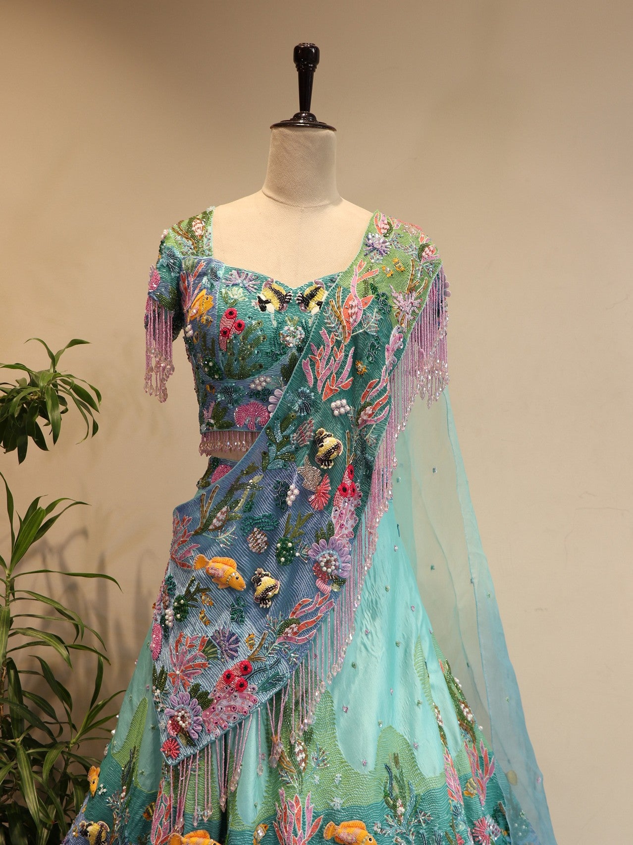 Sea green shaded aqua drape lehenga set