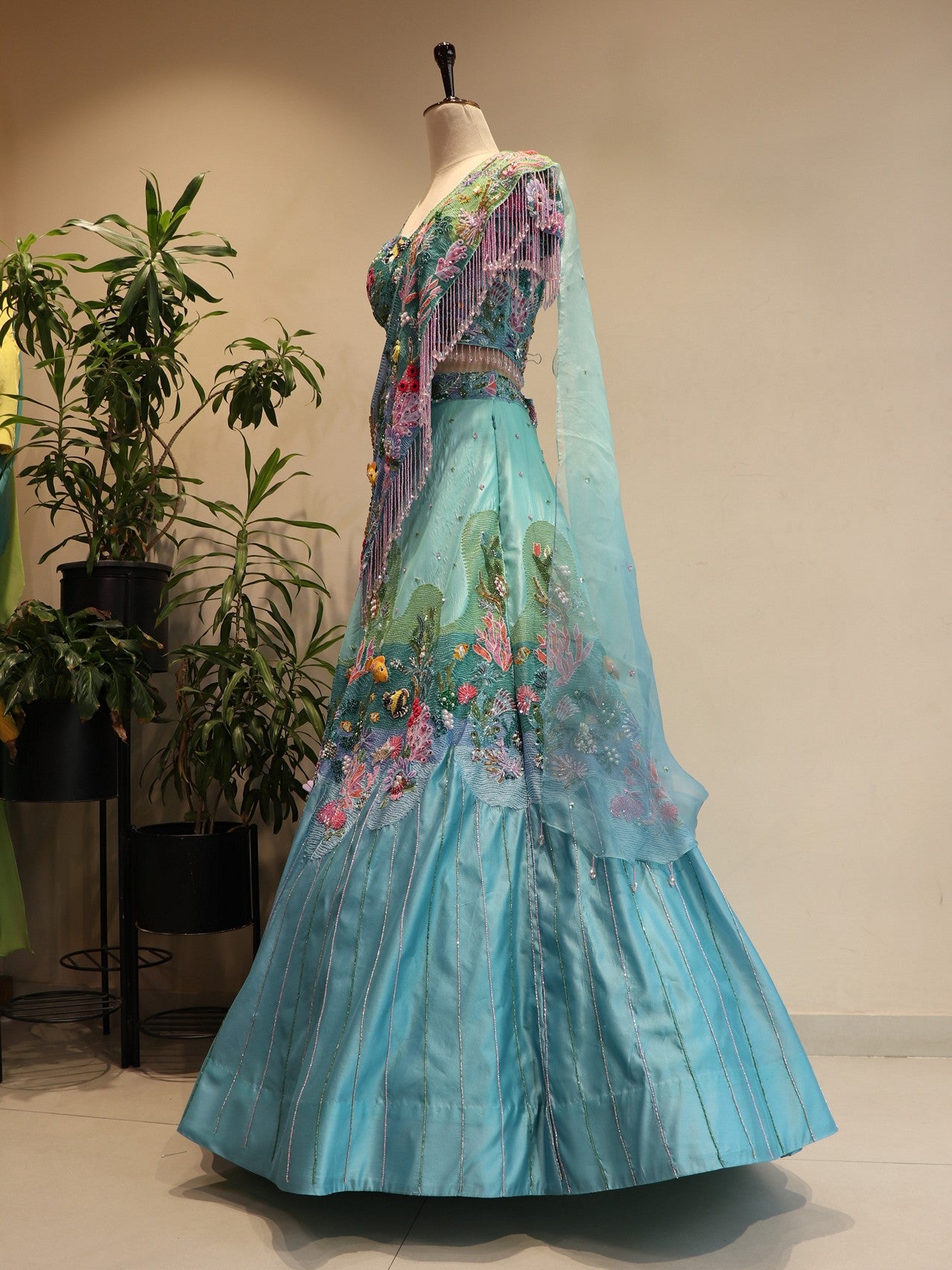 Sea green shaded aqua drape lehenga set