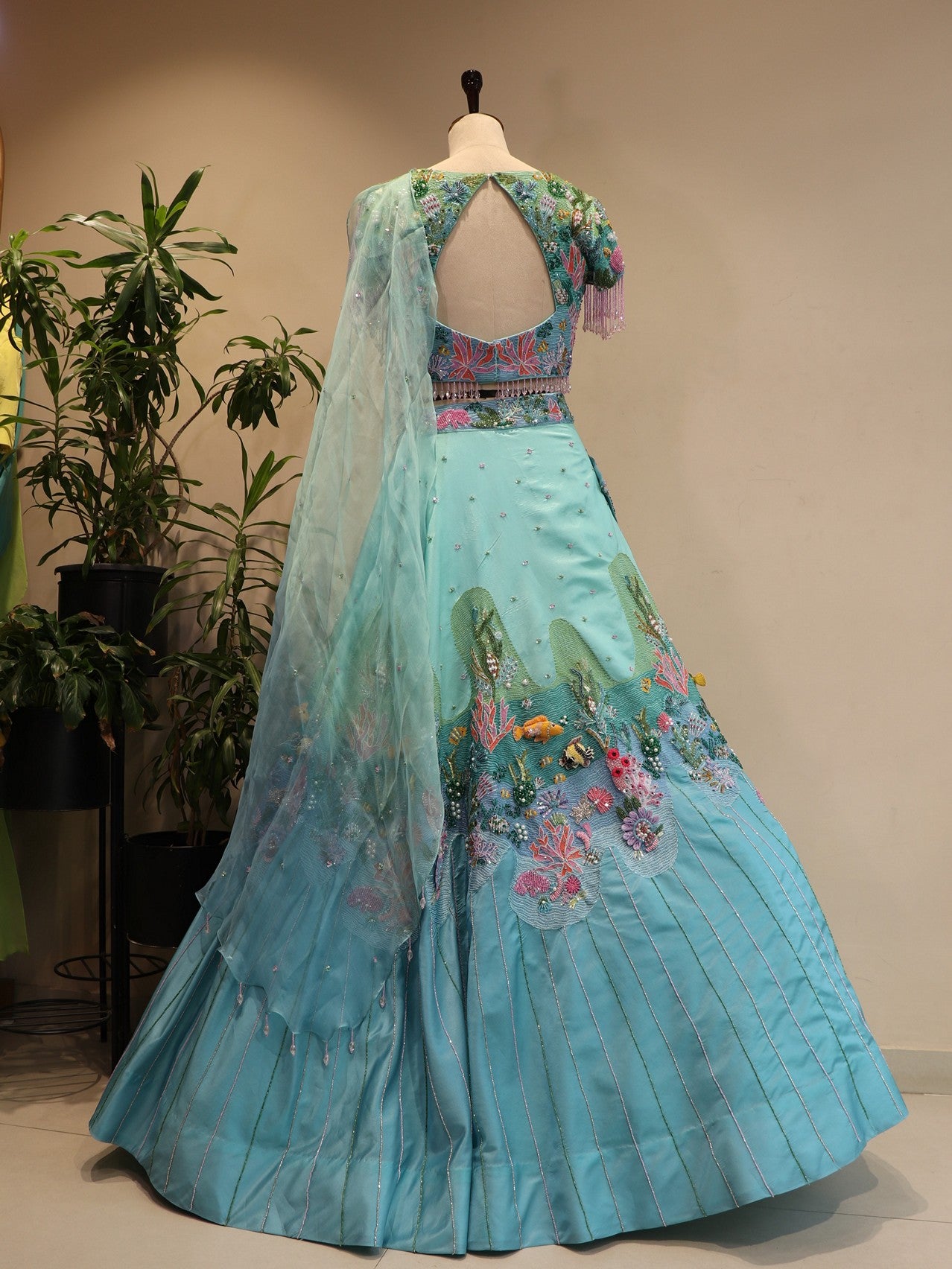 Sea green shaded aqua drape lehenga set