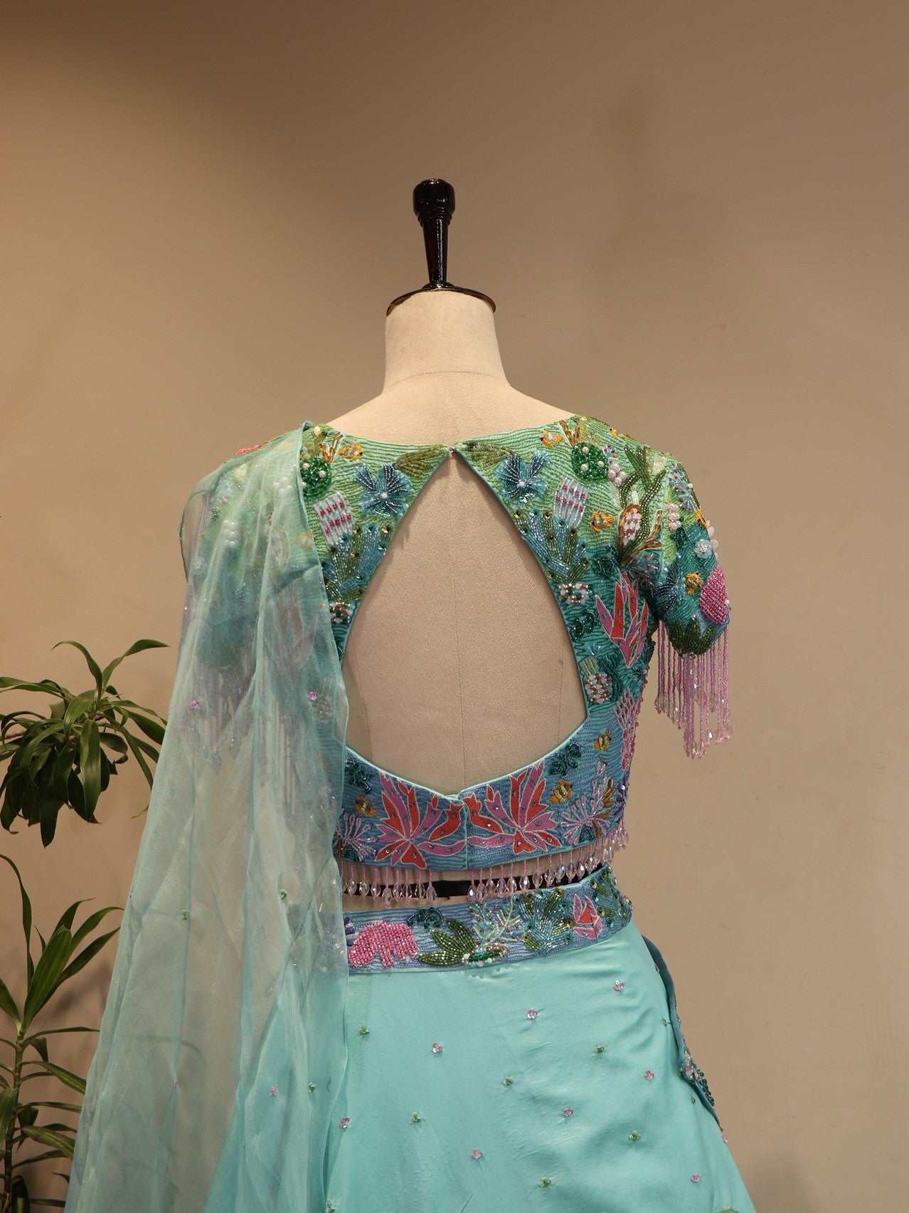 Sea green shaded aqua drape lehenga set