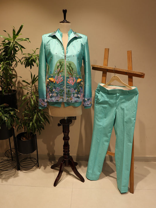 Sea green shaded aqua mens bomber jacket with pants