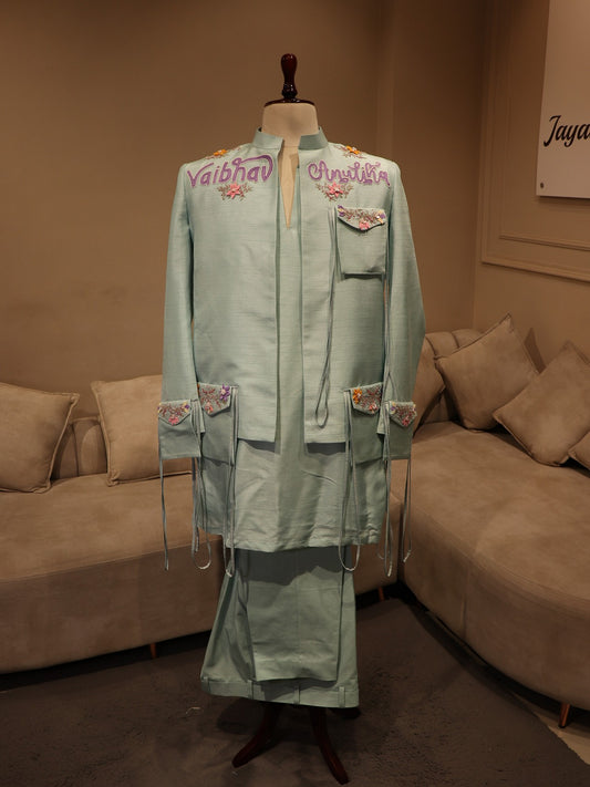 sea green mens indo western