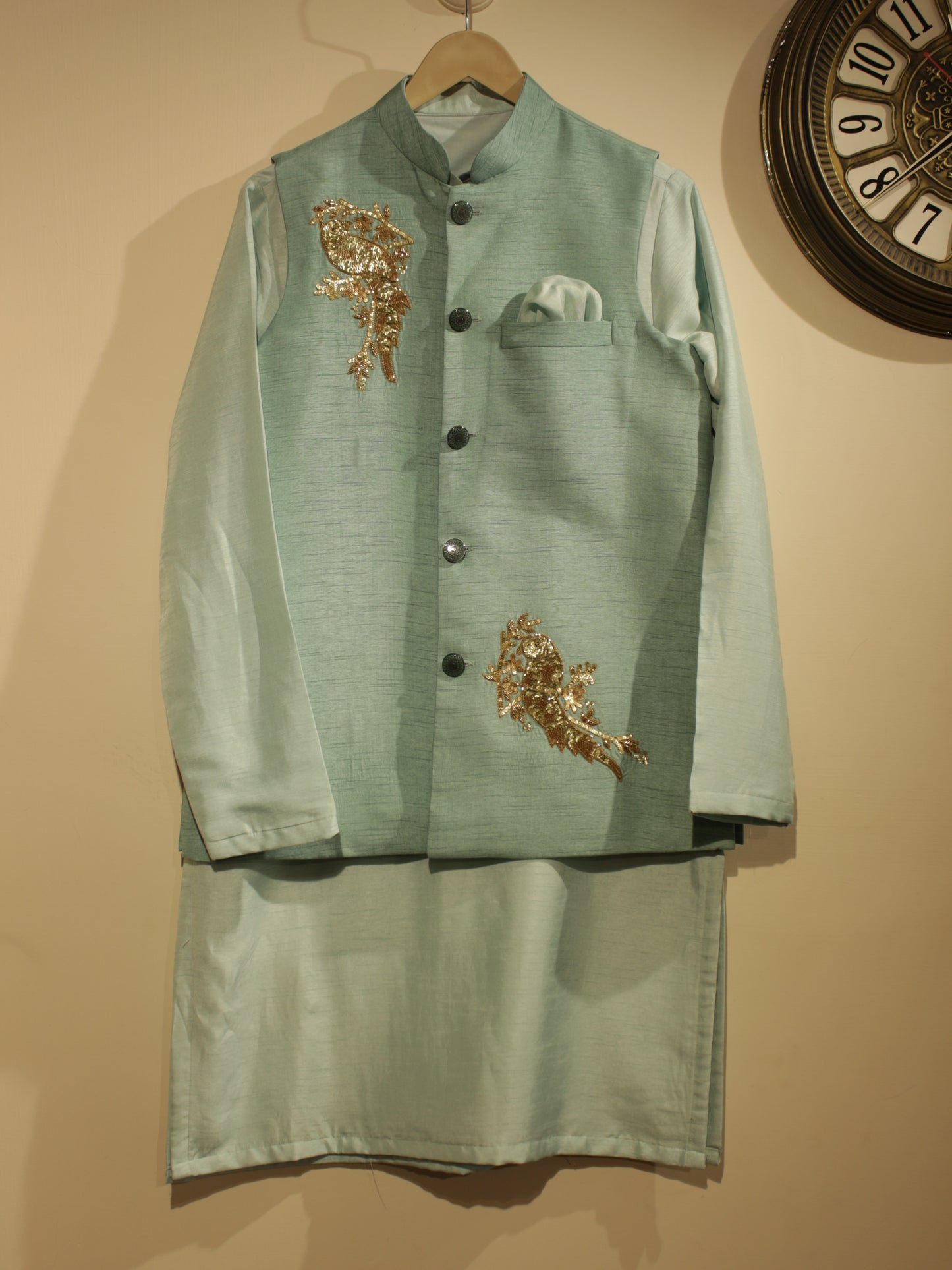 Powder blue mens neheru jacket wth kurta pants