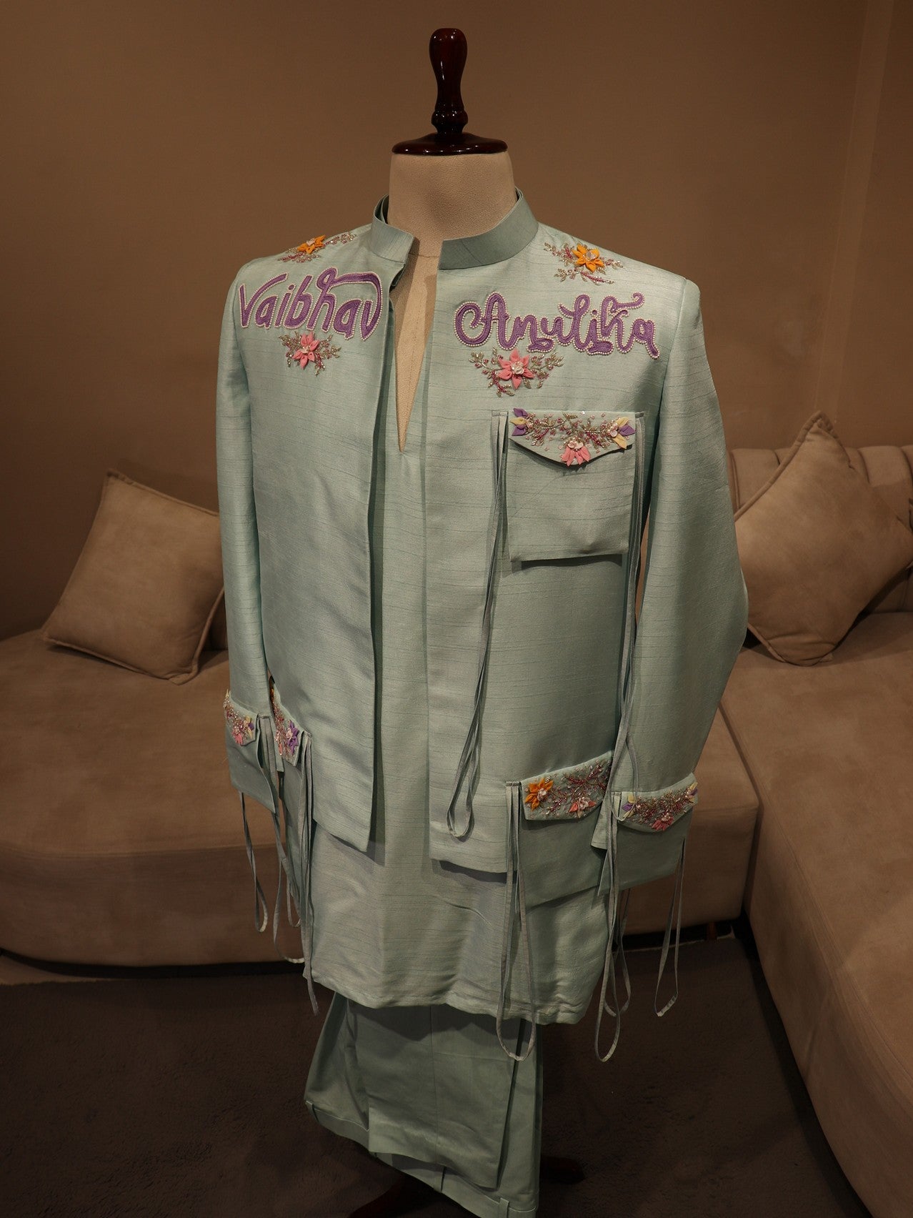 sea green mens indo western