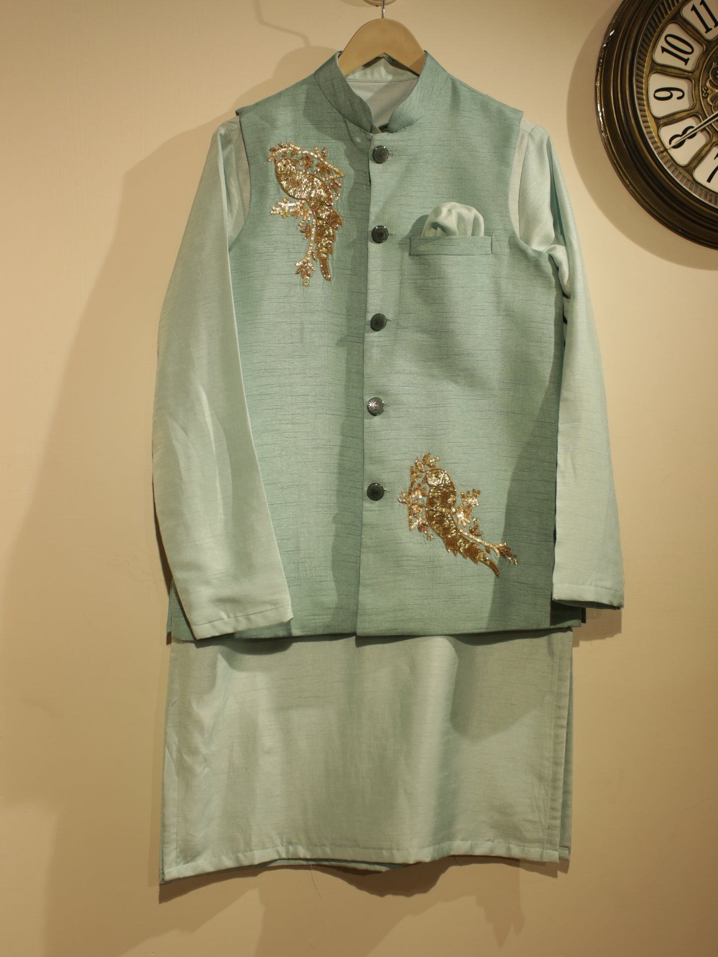 Powder blue mens neheru jacket wth kurta pants