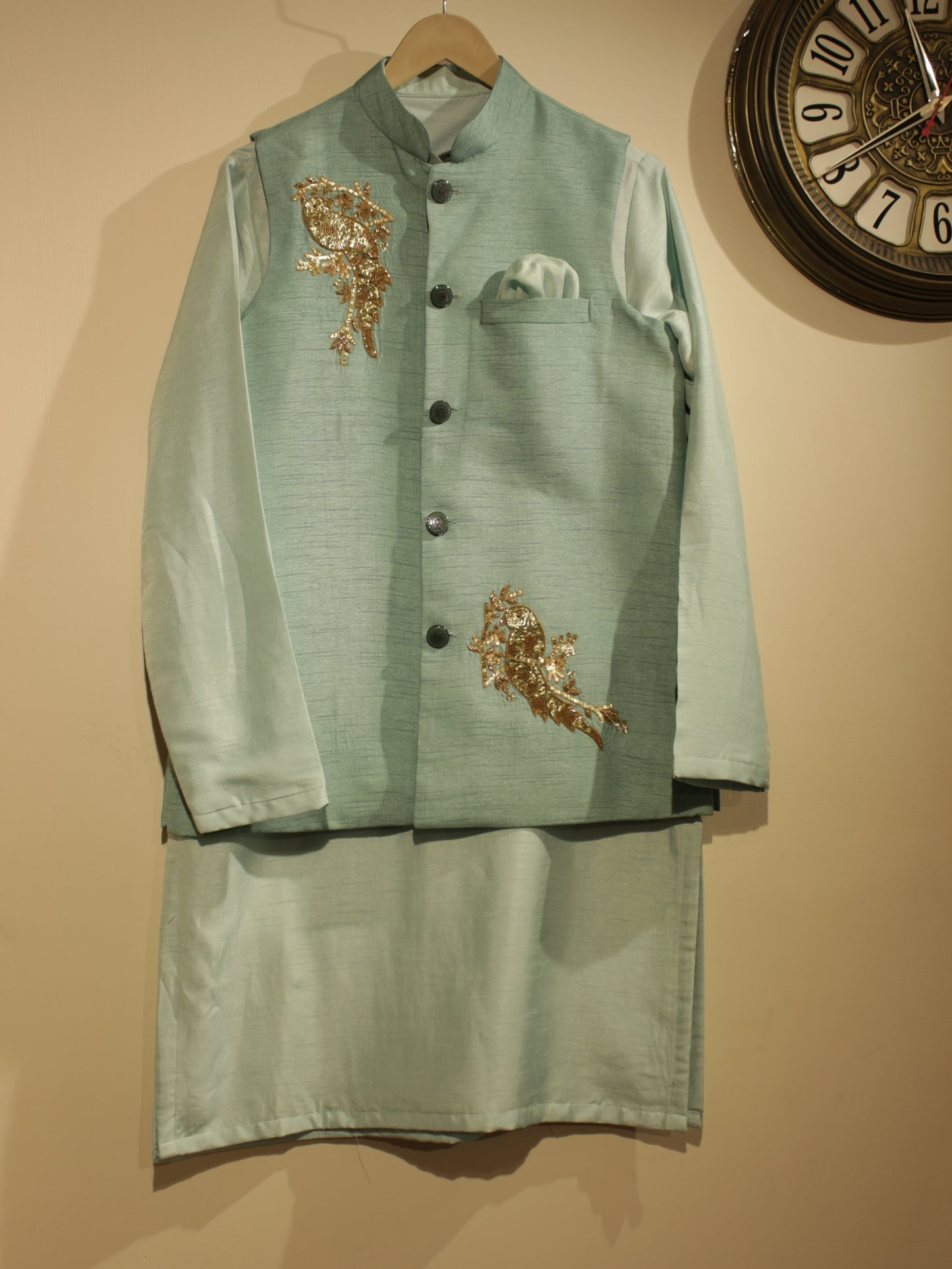 Powder blue mens neheru jacket wth kurta pants