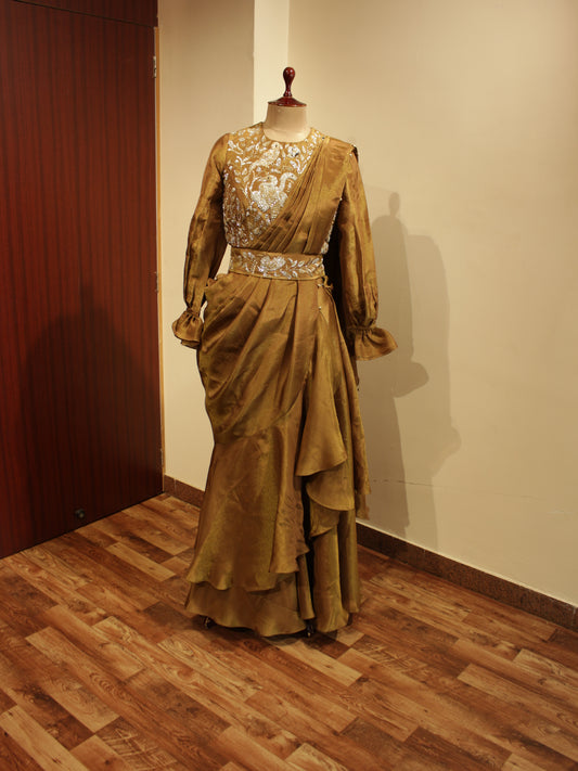 Ginger bread brown pre drape saree