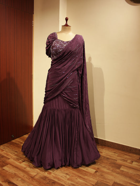 Berry wine Pre drape saree