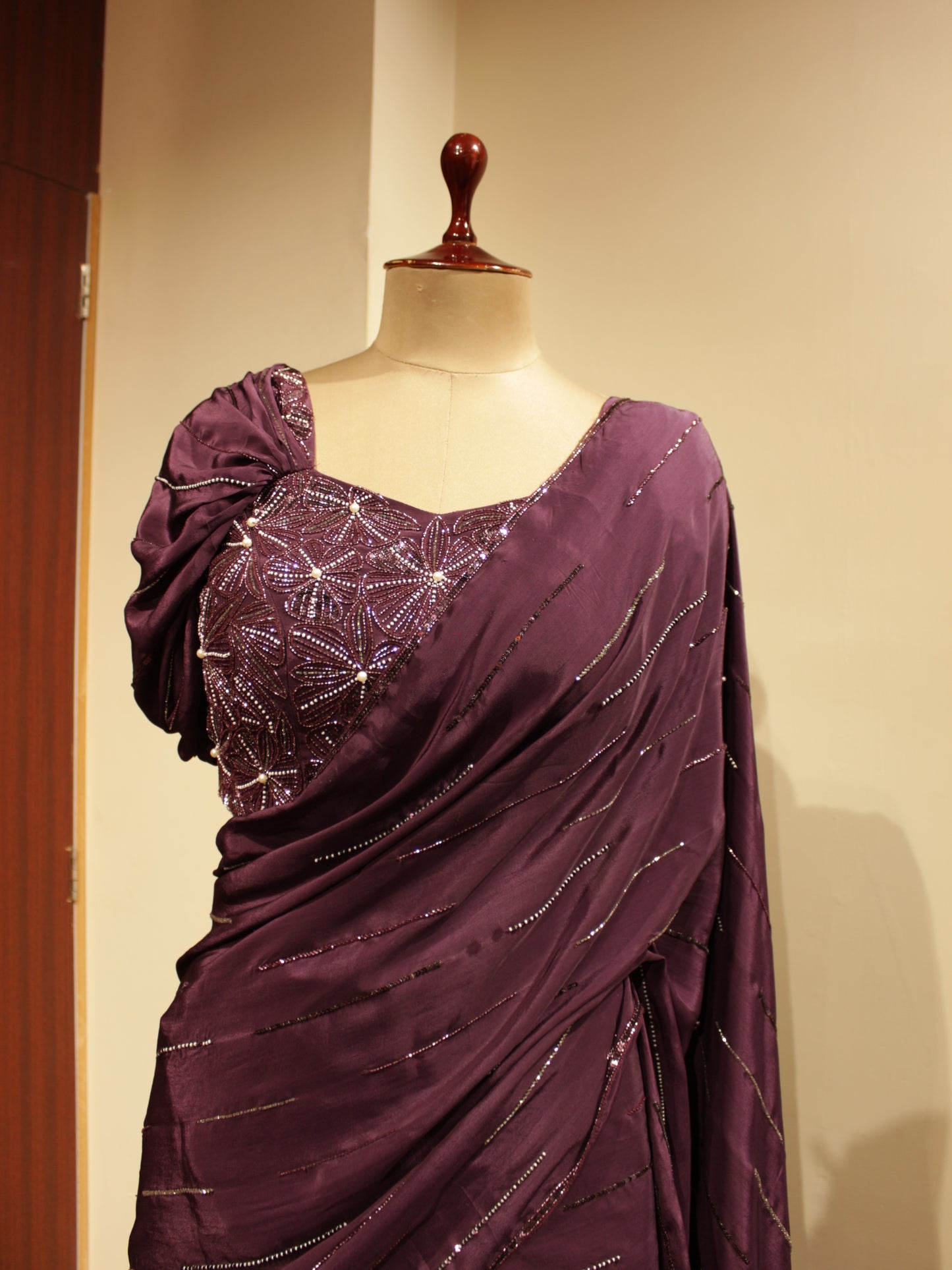 Berry wine Pre drape saree