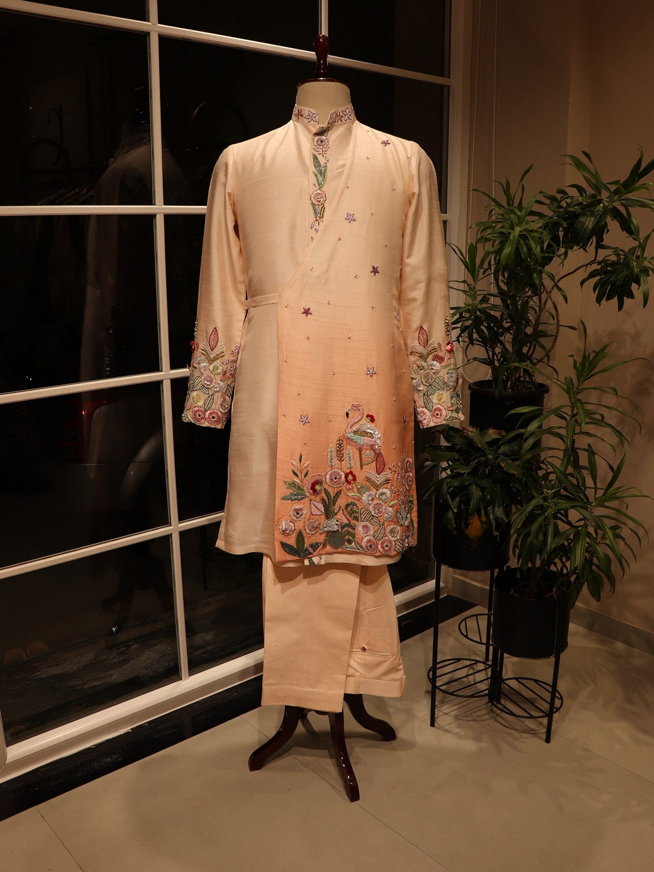 Peach rose gold 3d crane mens angrakha kurta pants