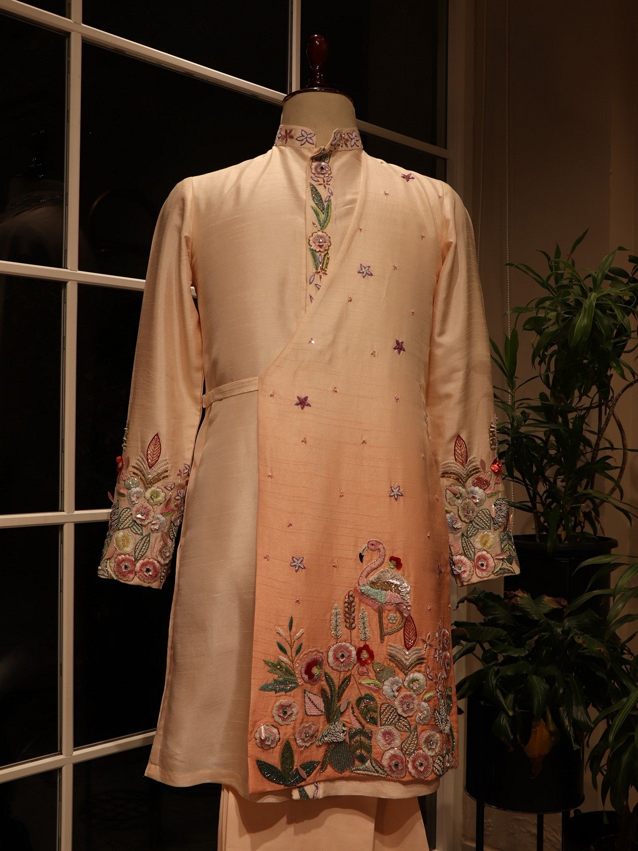 Peach rose gold 3d crane mens angrakha kurta pants