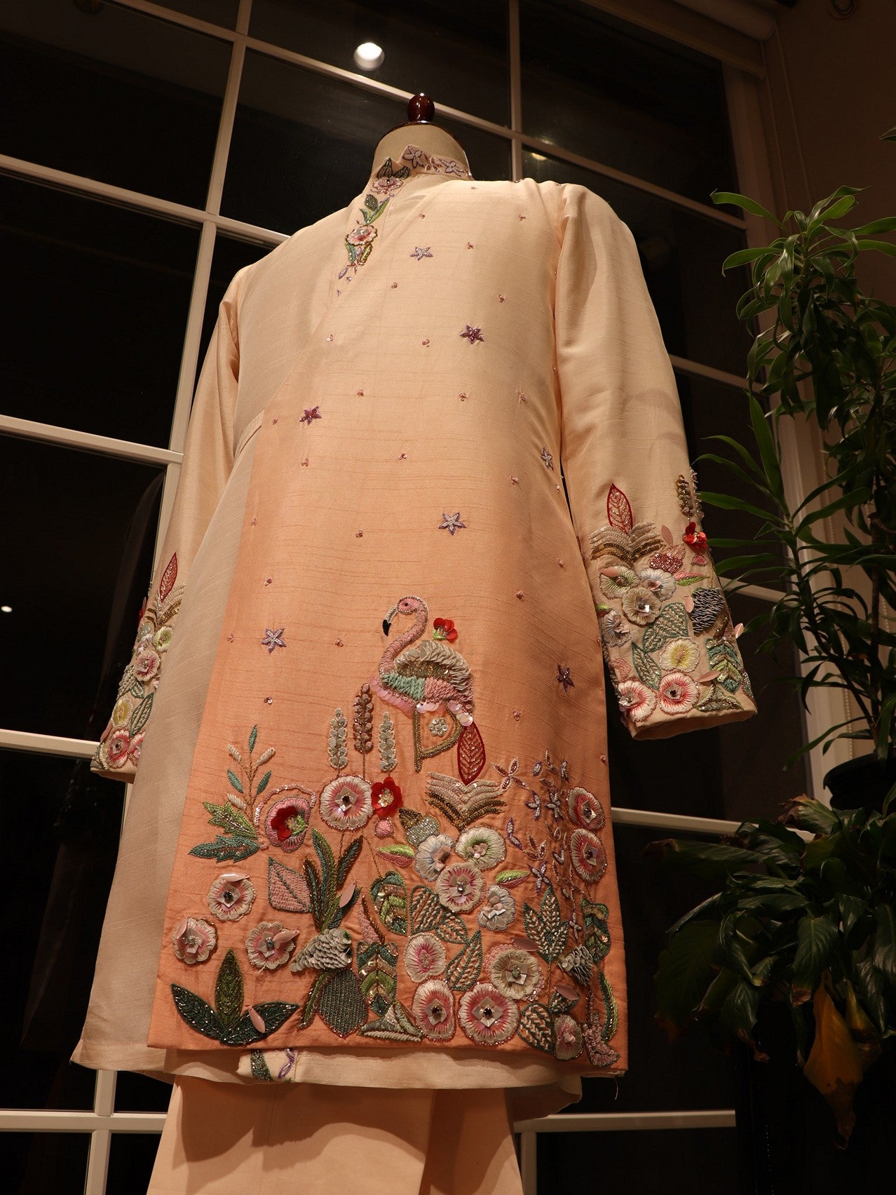 Peach rose gold 3d crane mens angrakha kurta pants