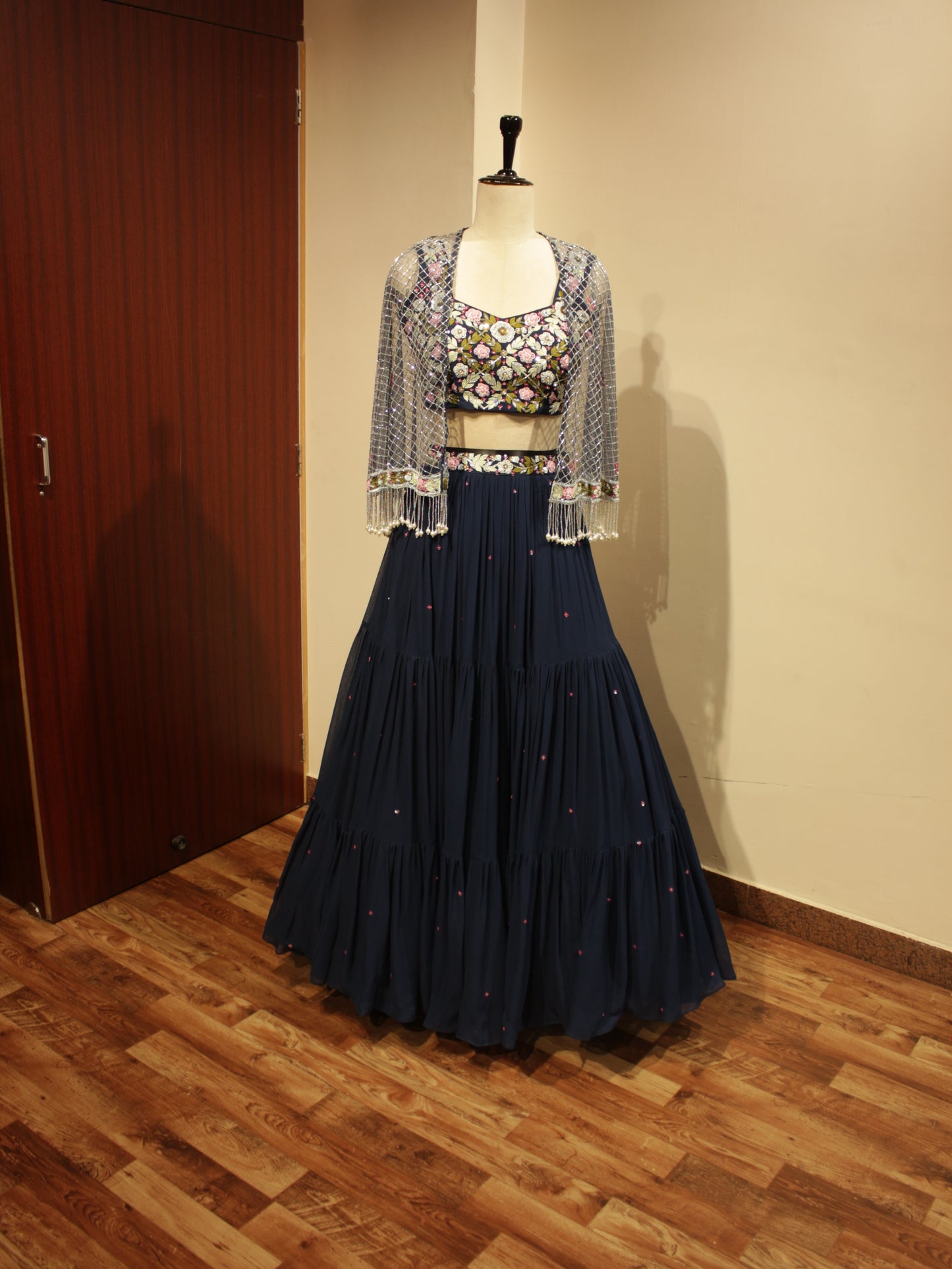 Blue crop top with skirt and cape