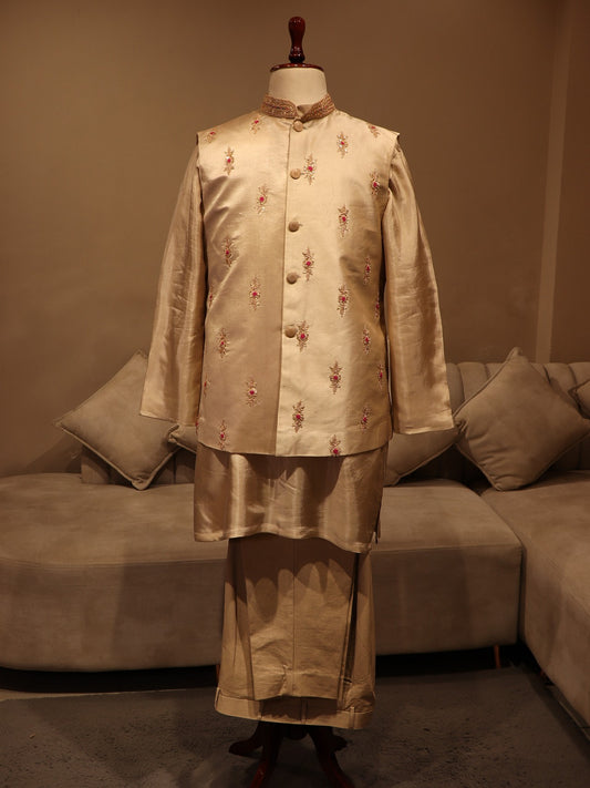 champagne gold mens indo western set