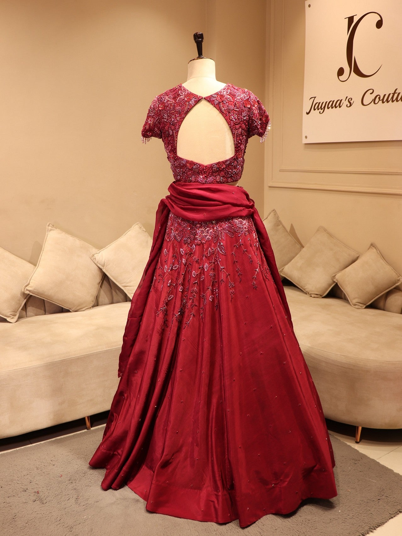 Deep maroon 3D embroidered lehenga set