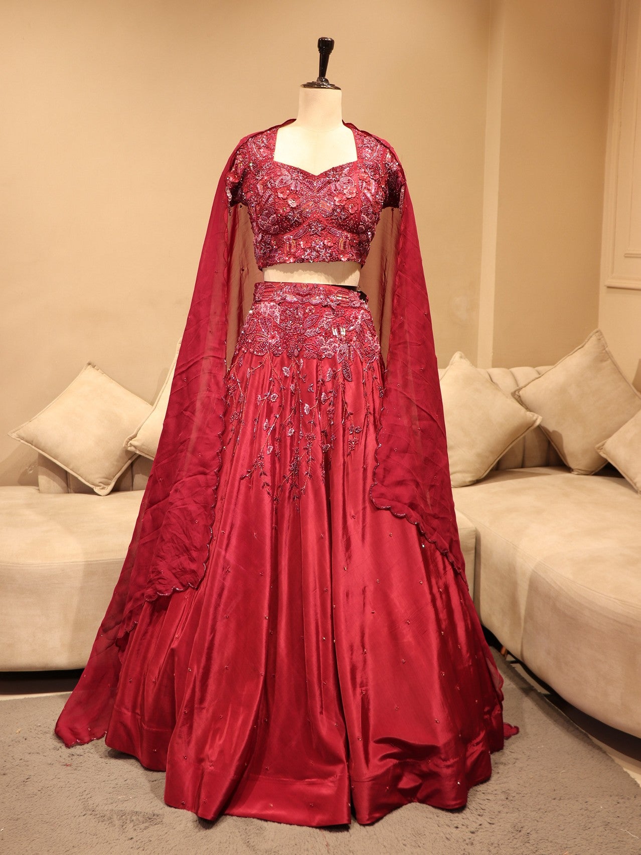Deep maroon 3D embroidered lehenga set