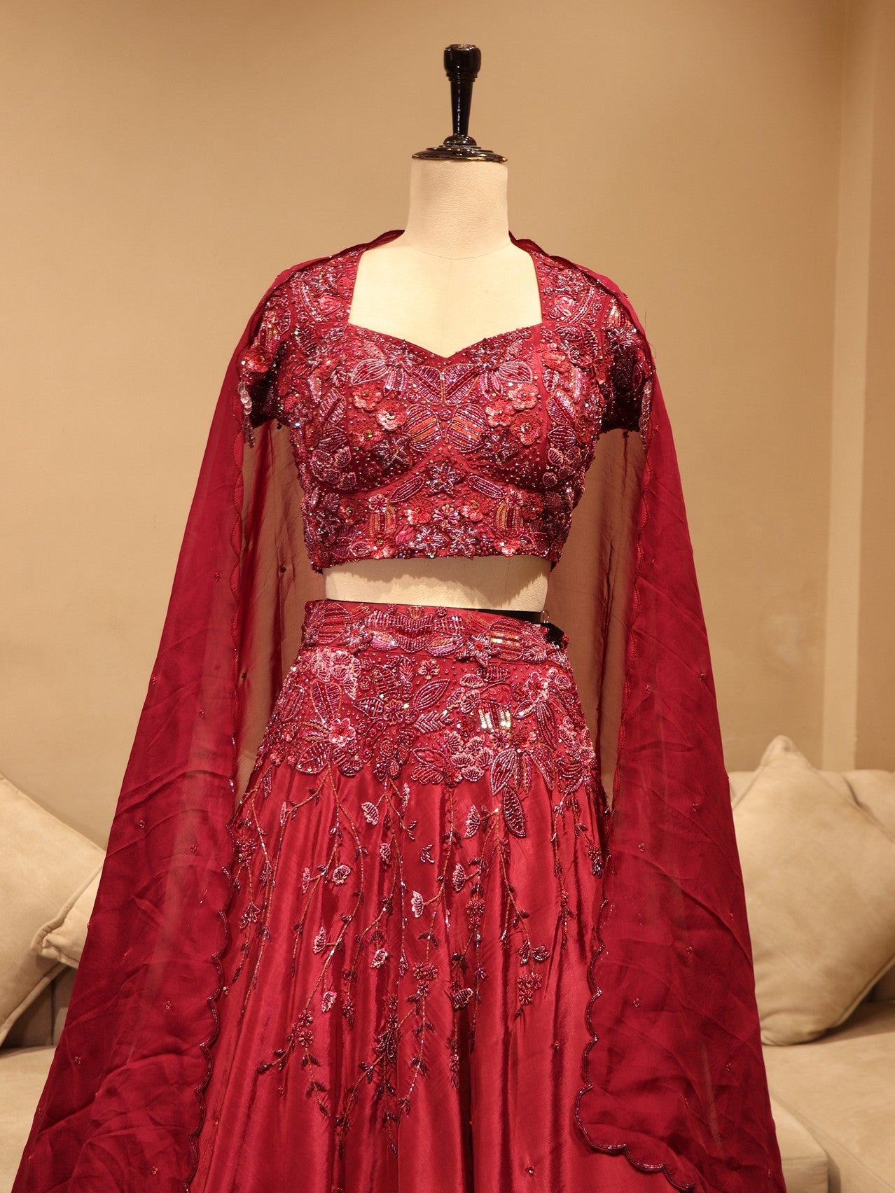 Deep maroon 3D embroidered lehenga set
