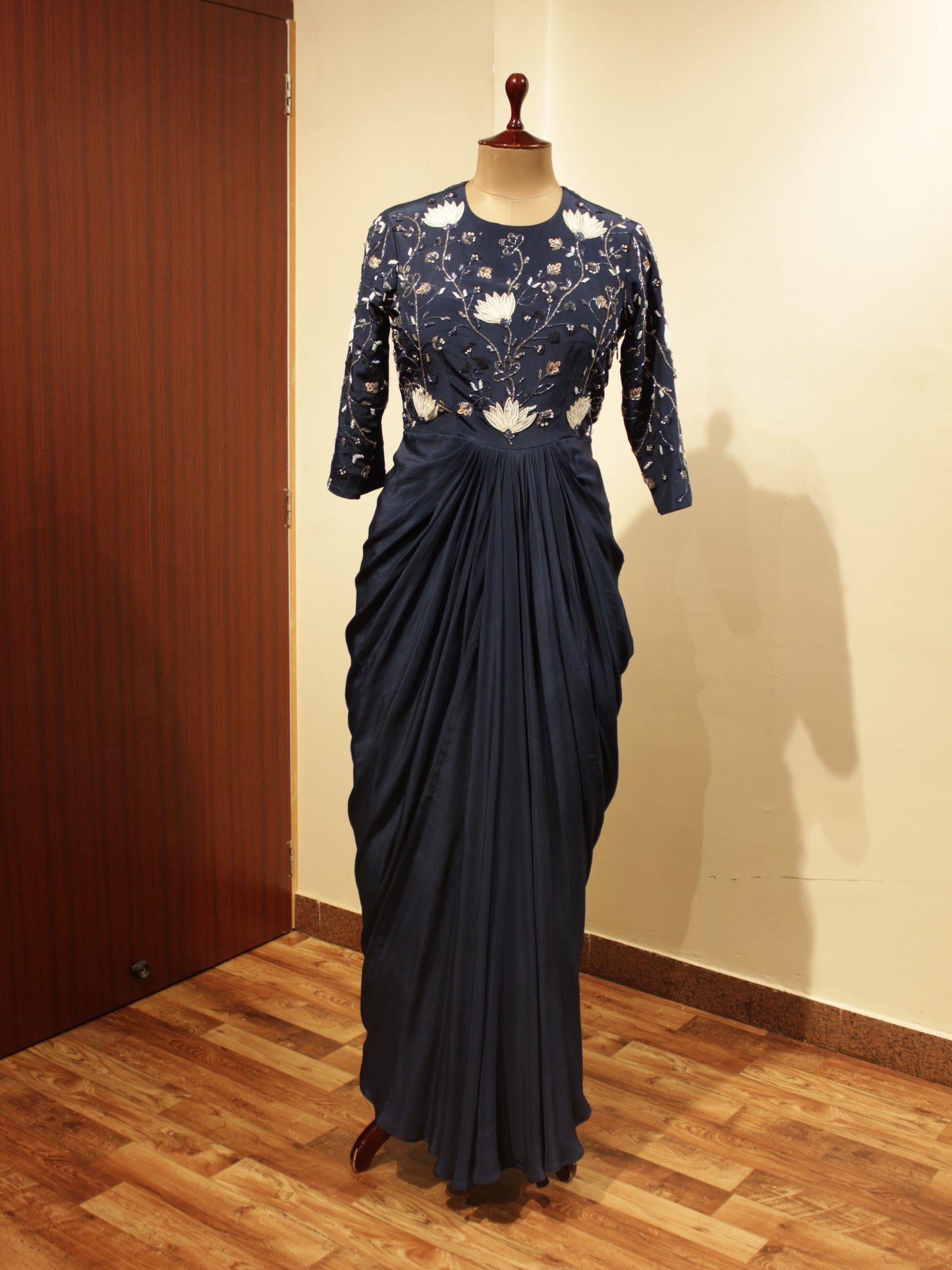 Midnight blue drape gown