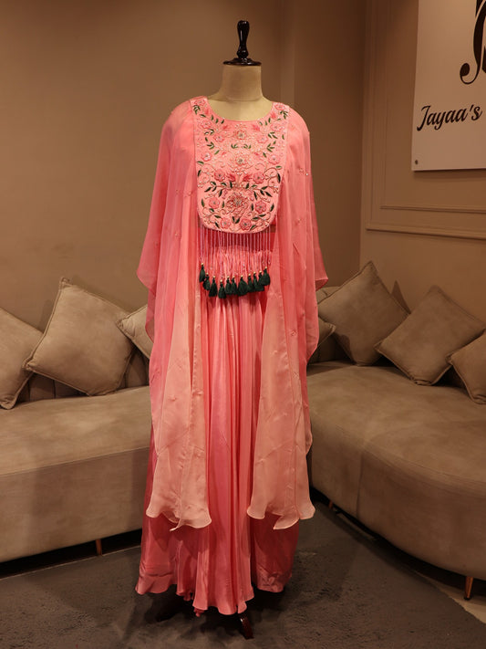 Pink shaded cape top with drape skirt