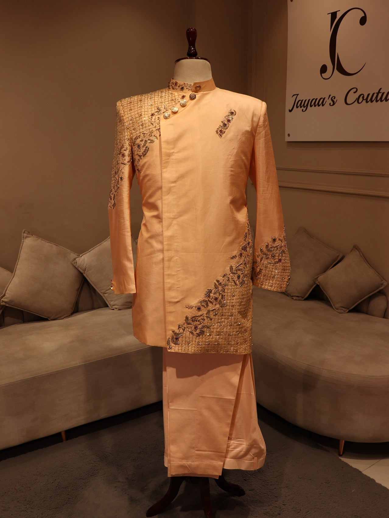 Peach mens achkan indo western set